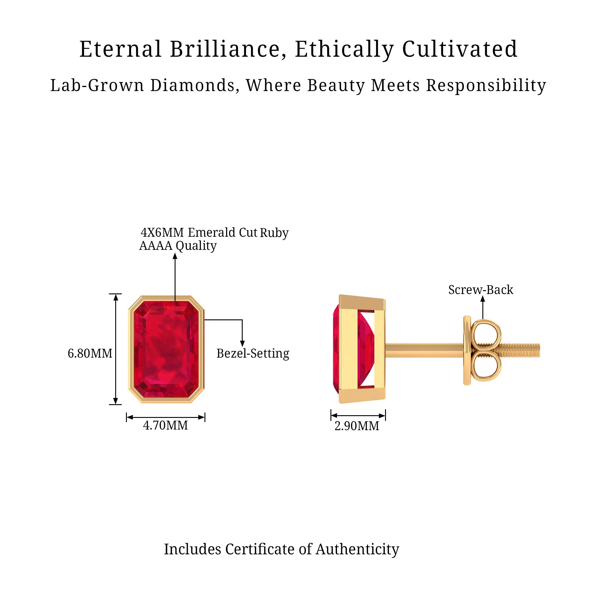 Vibrant Grown Labs-Emerald Cut Lab Grown Ruby Solitaire Stud Earrings