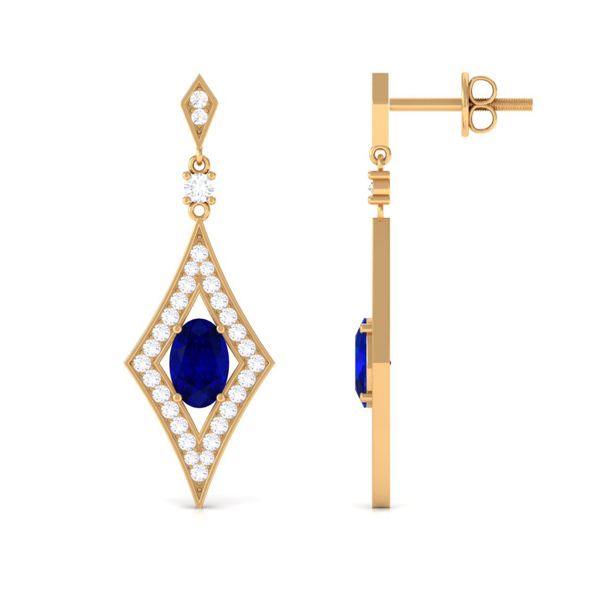 Vibrant Grown Labs-Art Deco Dangle Earrings with Lab Grown Blue Sapphire