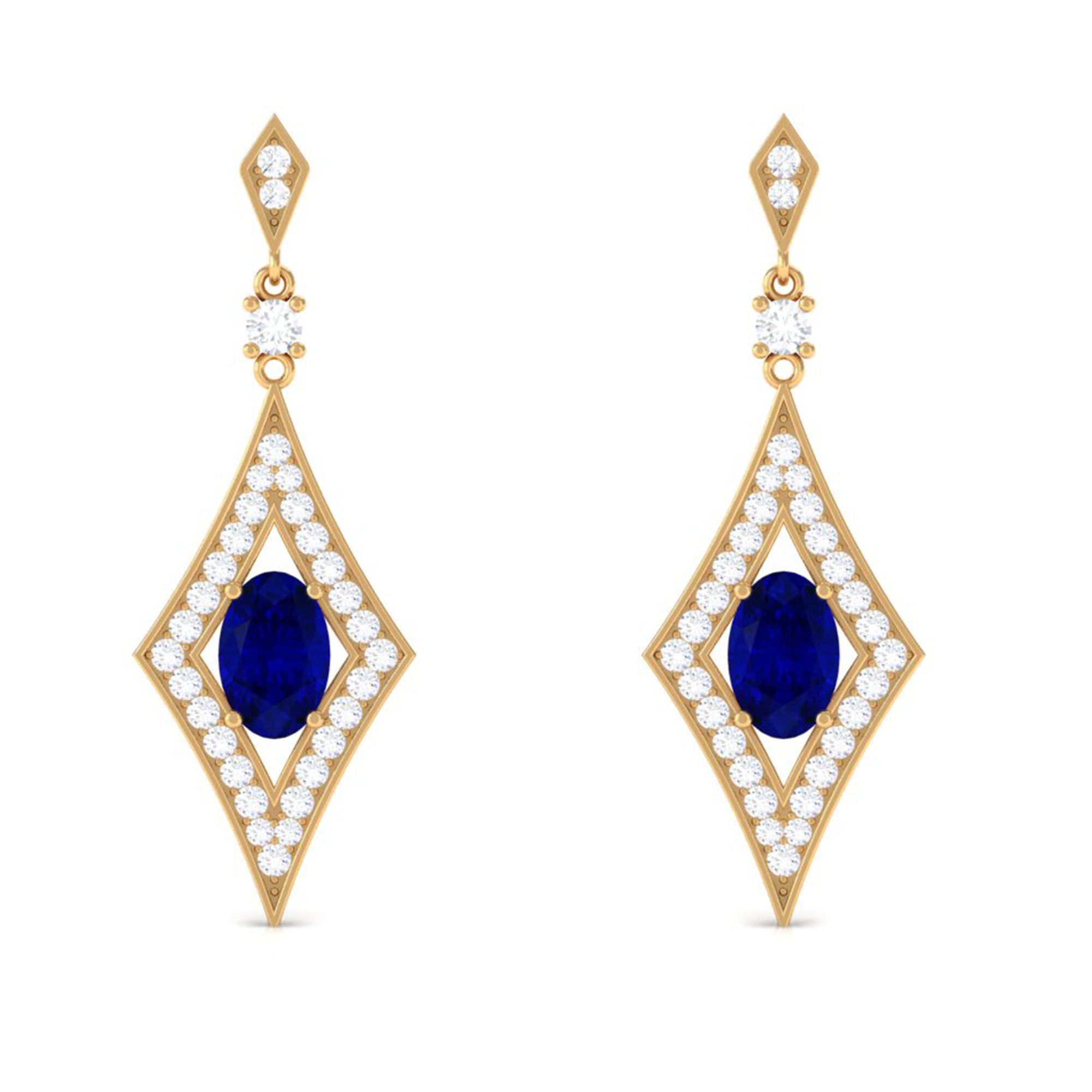 Vibrant Grown Labs-Art Deco Dangle Earrings with Lab Grown Blue Sapphire