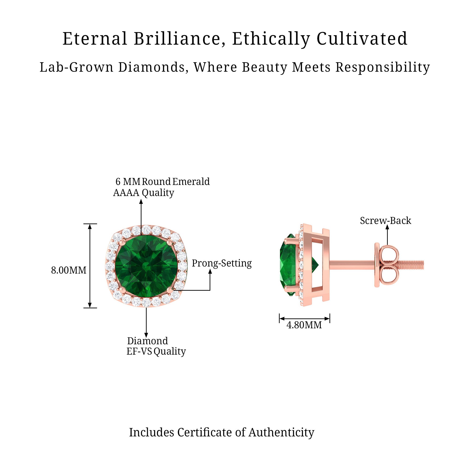 Vibrant Grown Labs-Classic Stud Earrings with Lab Grown Emerald and Diamond