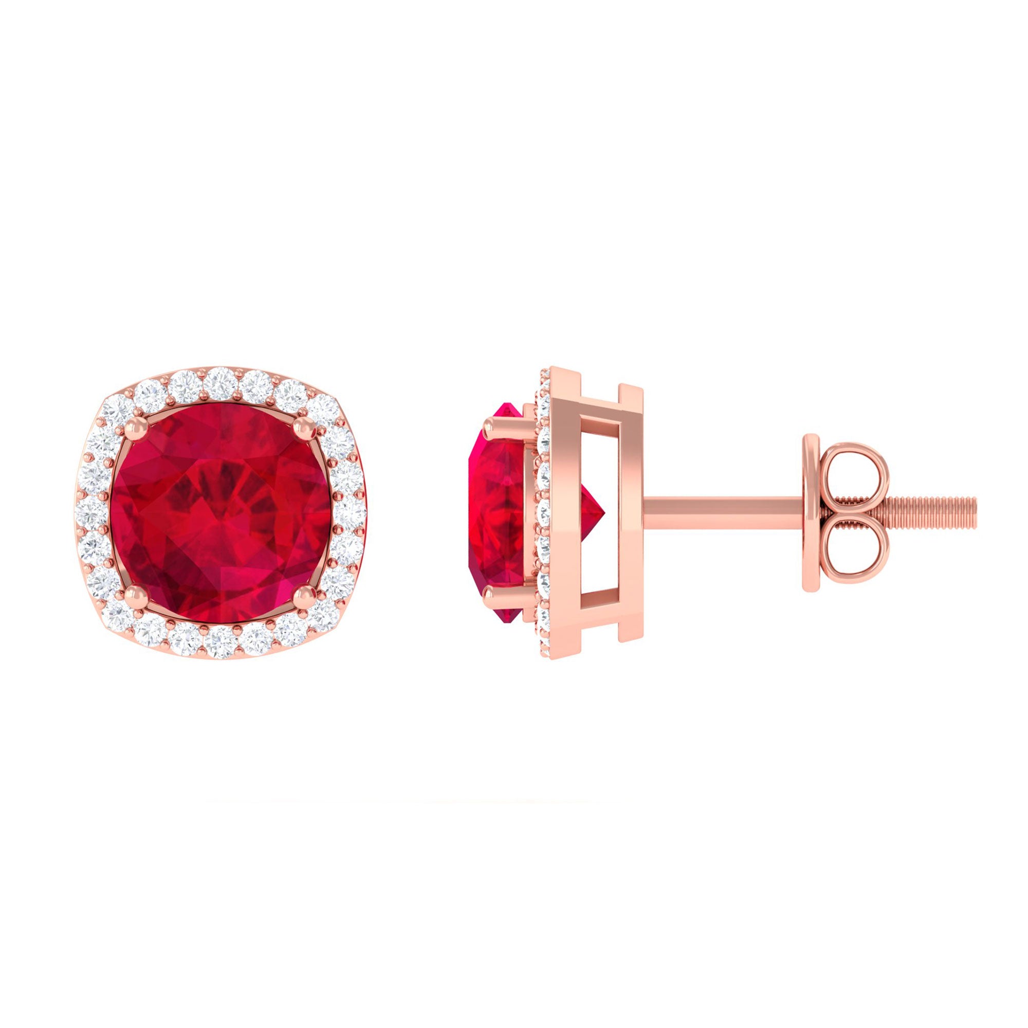 Vibrant Grown Labs-Round Shape Lab Grown Ruby Classic Stud Earrings with Halo