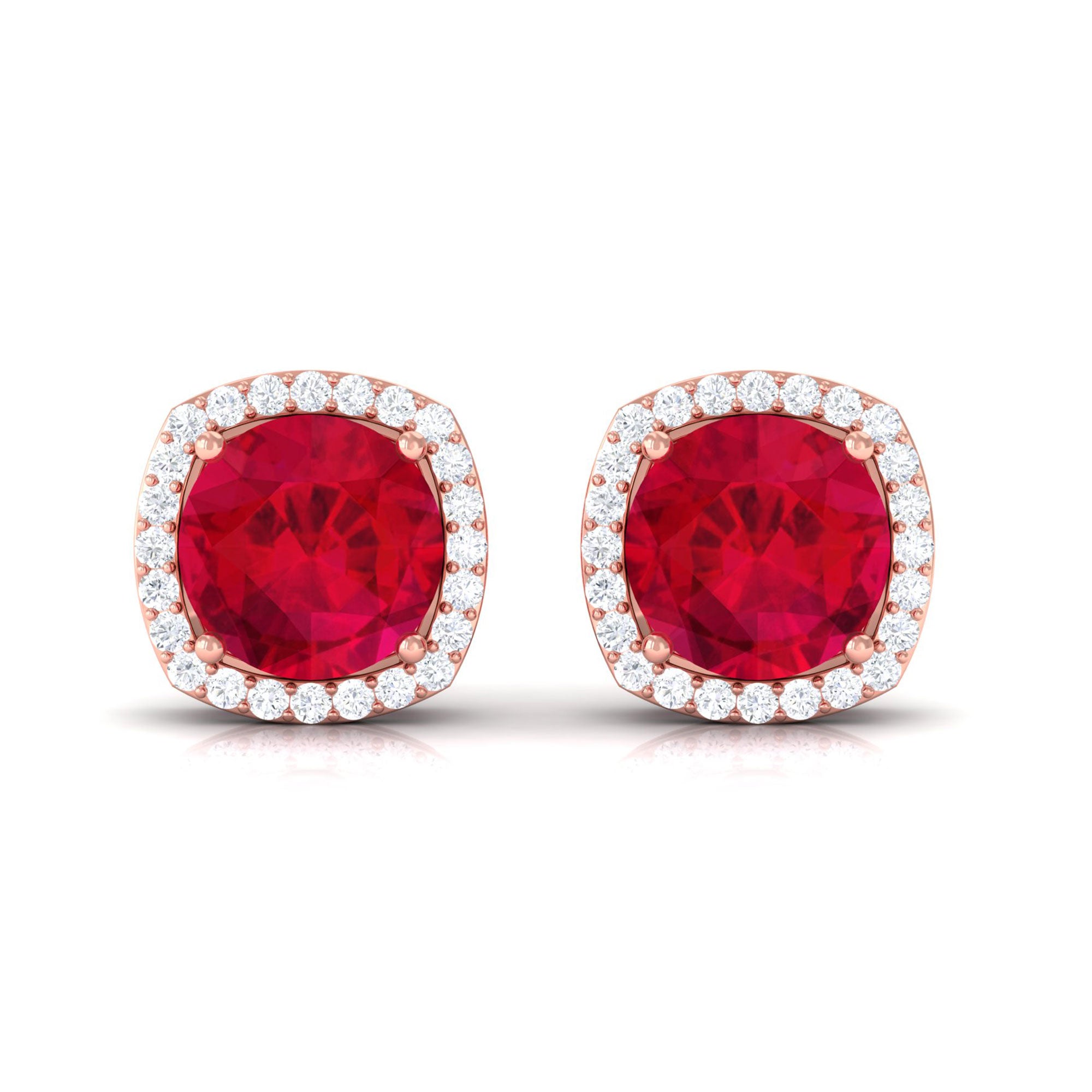 Vibrant Grown Labs-Round Shape Lab Grown Ruby Classic Stud Earrings with Halo