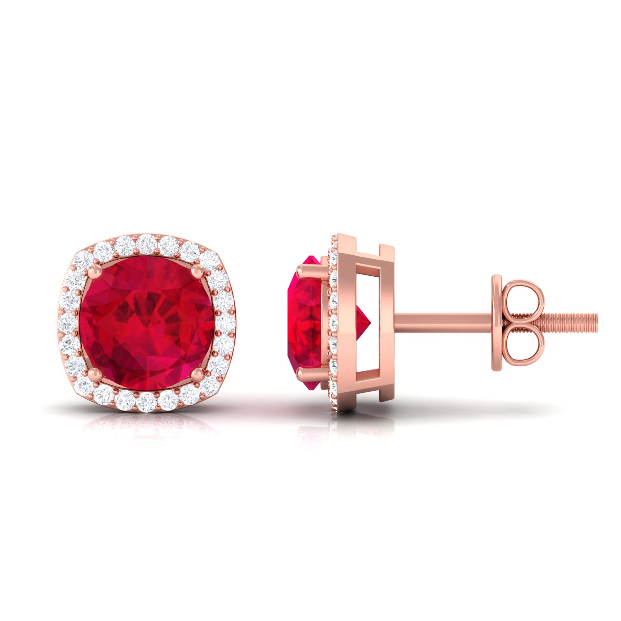 Vibrant Grown Labs-Round Shape Lab Grown Ruby Classic Stud Earrings with Halo