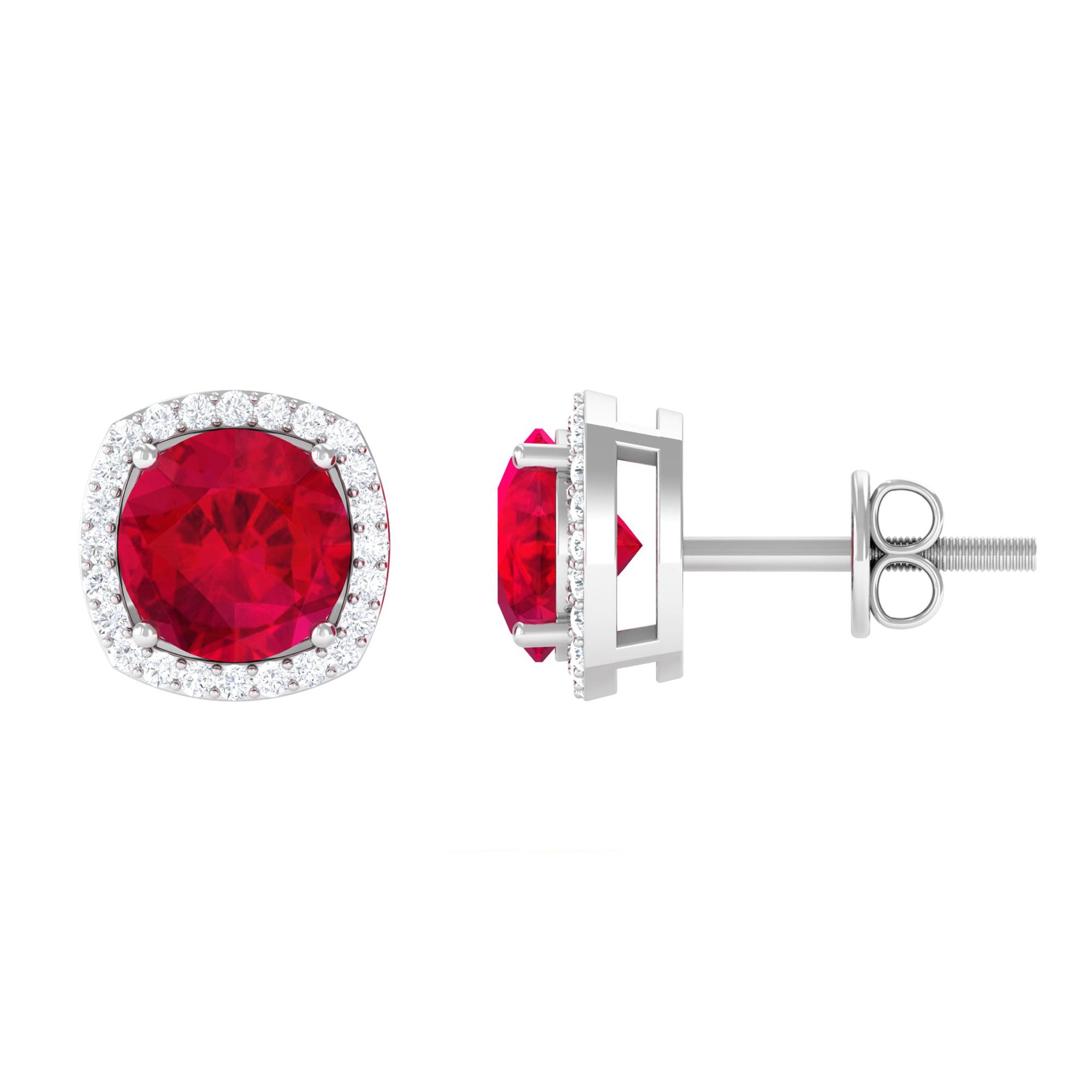 Vibrant Grown Labs-Round Shape Lab Grown Ruby Classic Stud Earrings with Halo