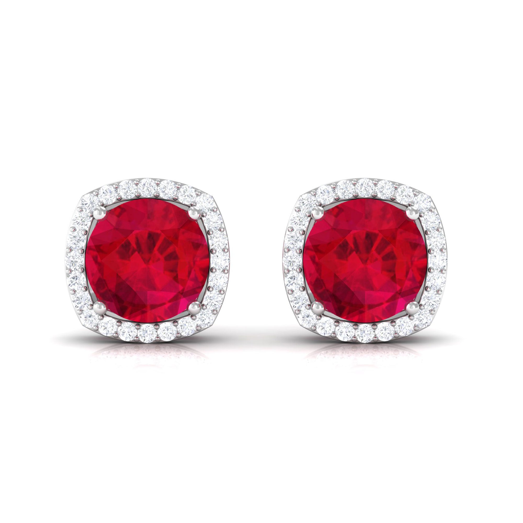 Vibrant Grown Labs-Round Shape Lab Grown Ruby Classic Stud Earrings with Halo