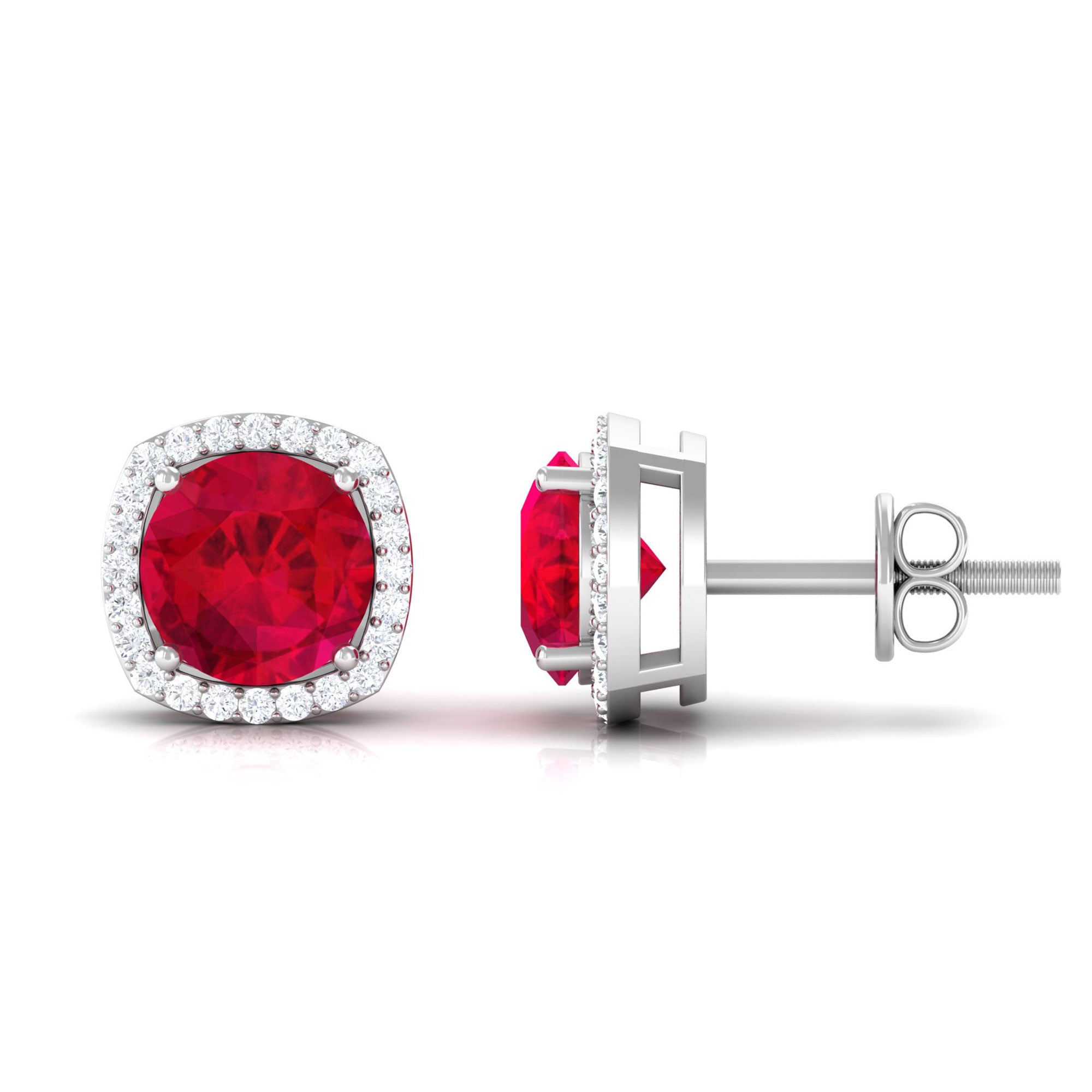 Vibrant Grown Labs-Round Shape Lab Grown Ruby Classic Stud Earrings with Halo