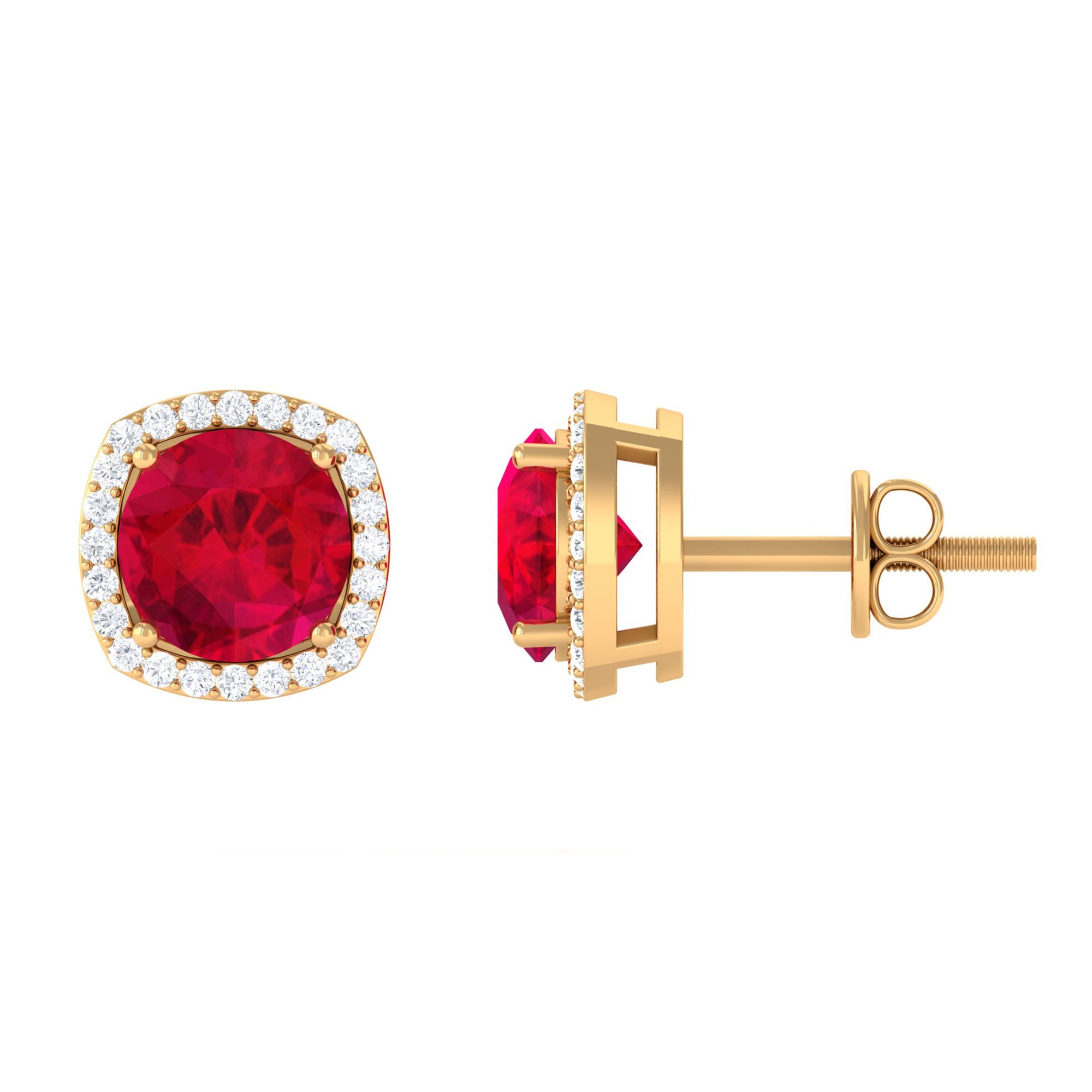 Vibrant Grown Labs-Round Shape Lab Grown Ruby Classic Stud Earrings with Halo