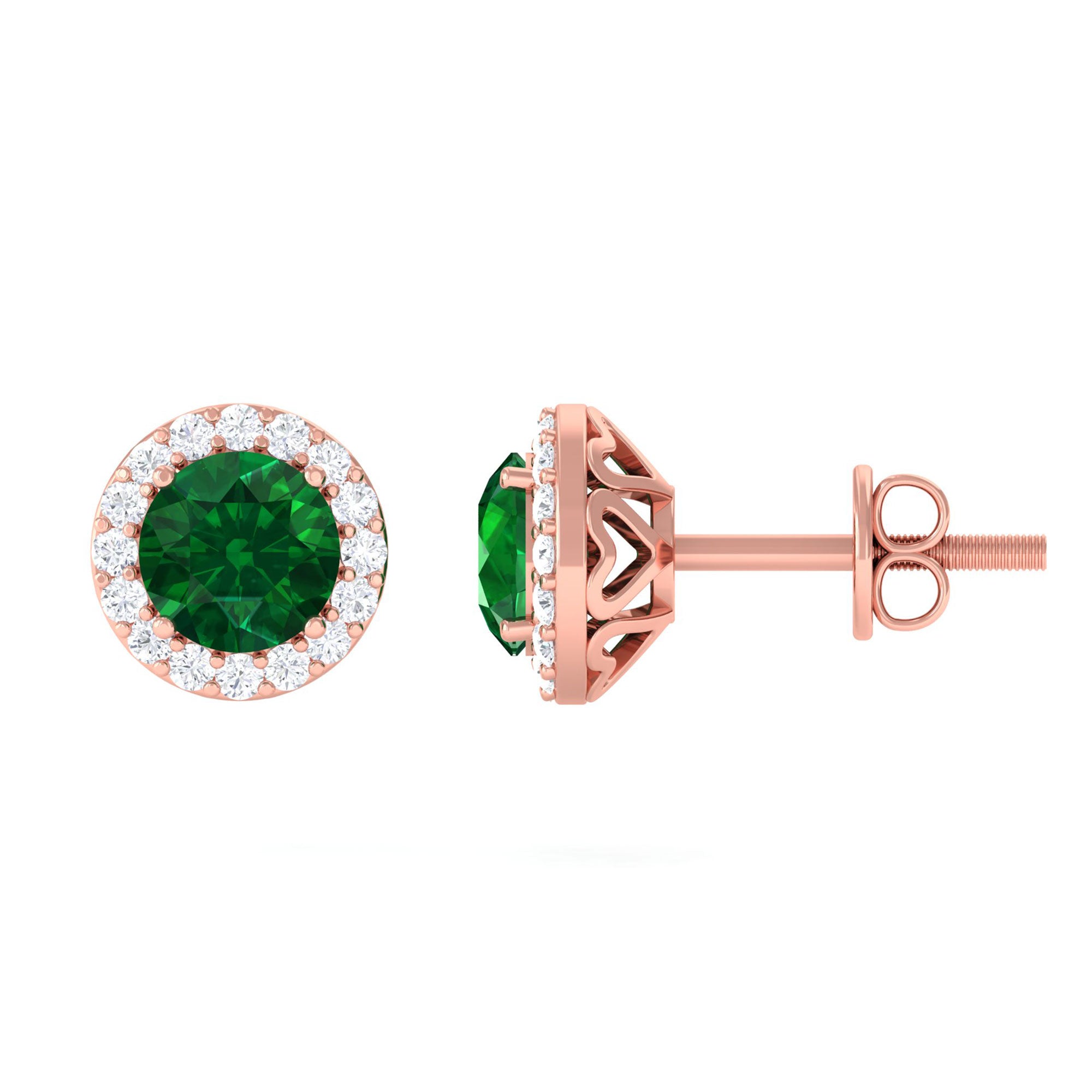 Vibrant Grown Labs-Lab Grown Emerald Classic Stud Earrings with Halo