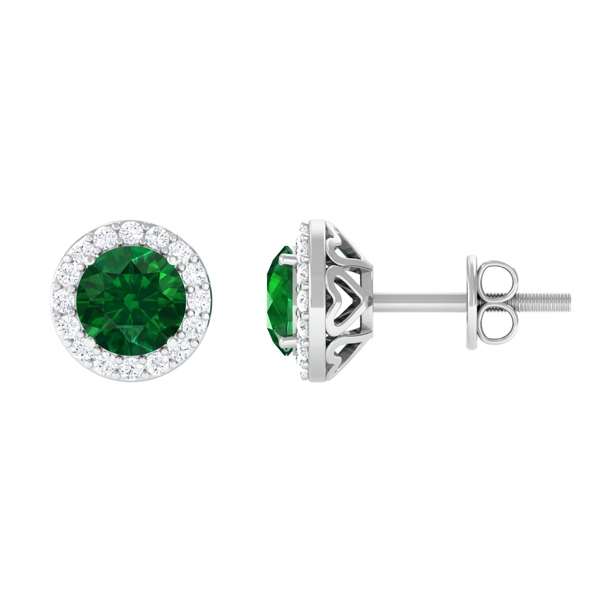 Vibrant Grown Labs-Lab Grown Emerald Classic Stud Earrings with Halo