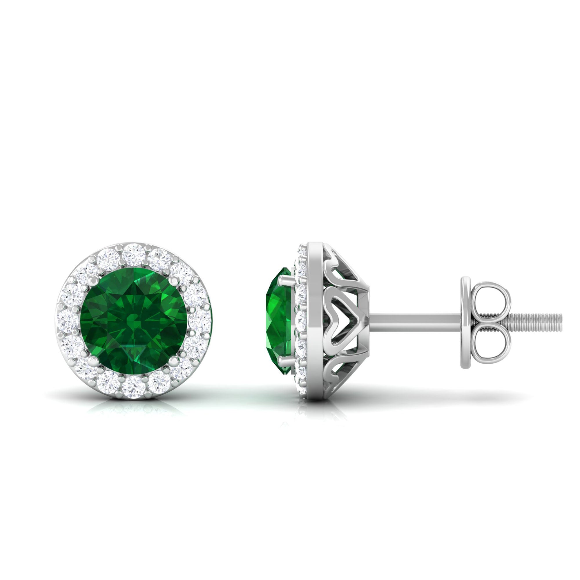 Vibrant Grown Labs-Lab Grown Emerald Classic Stud Earrings with Halo