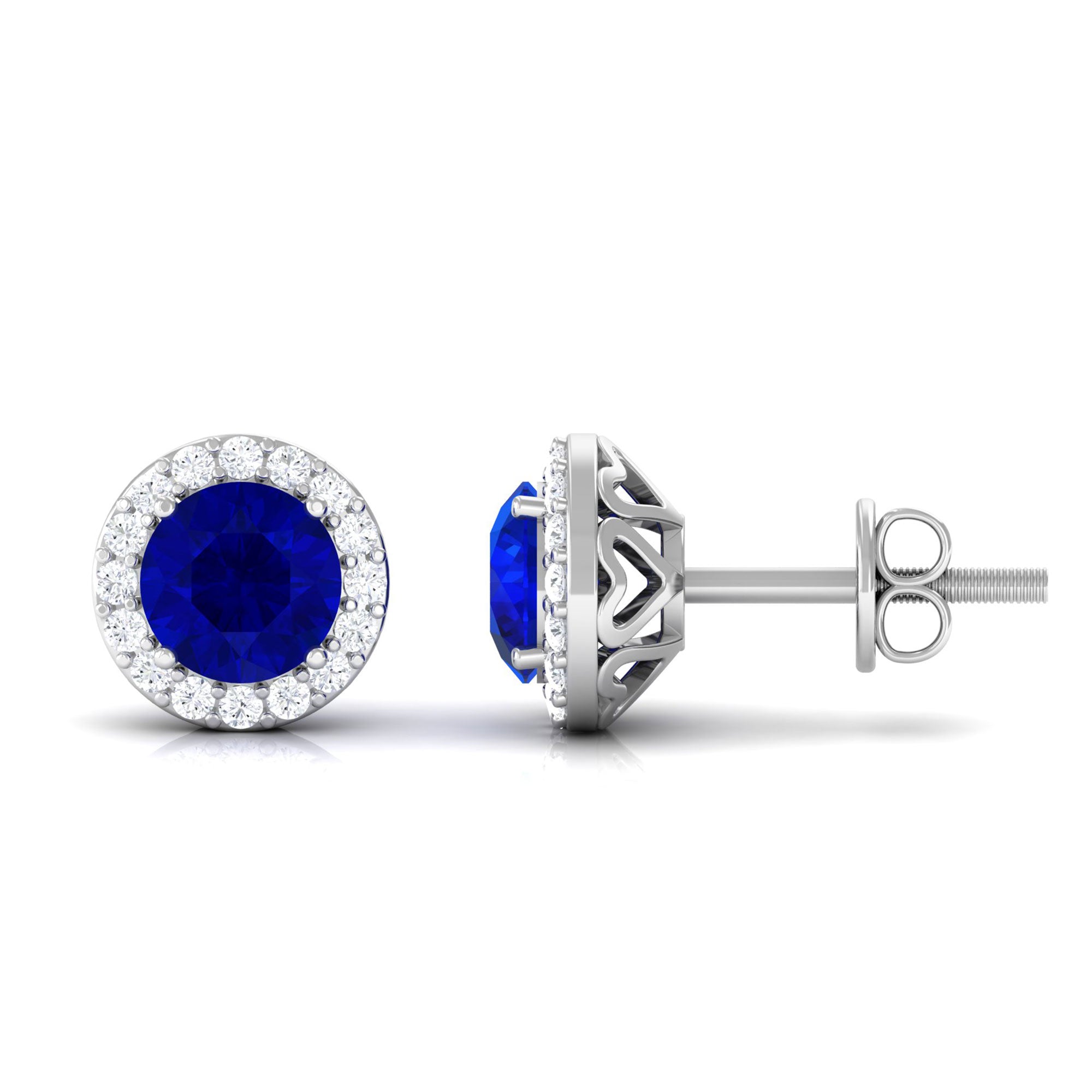 Vibrant Grown Labs-Classic Lab Created Blue Sapphire Stud Earrings with Halo