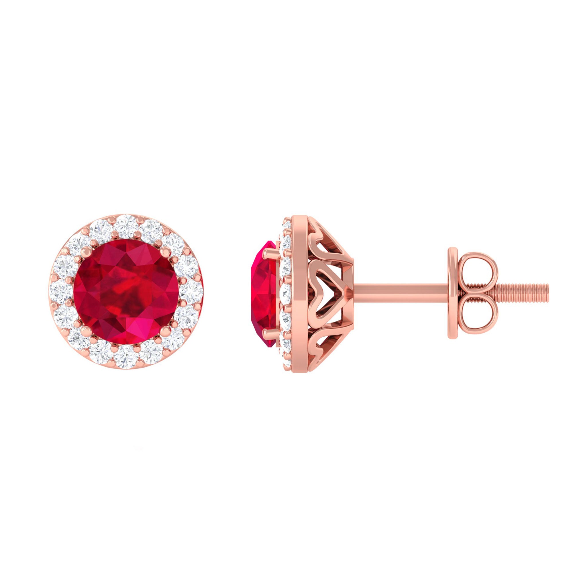 Vibrant Grown Labs-Classic Round Lab Grown Ruby Stud Earrings with Halo