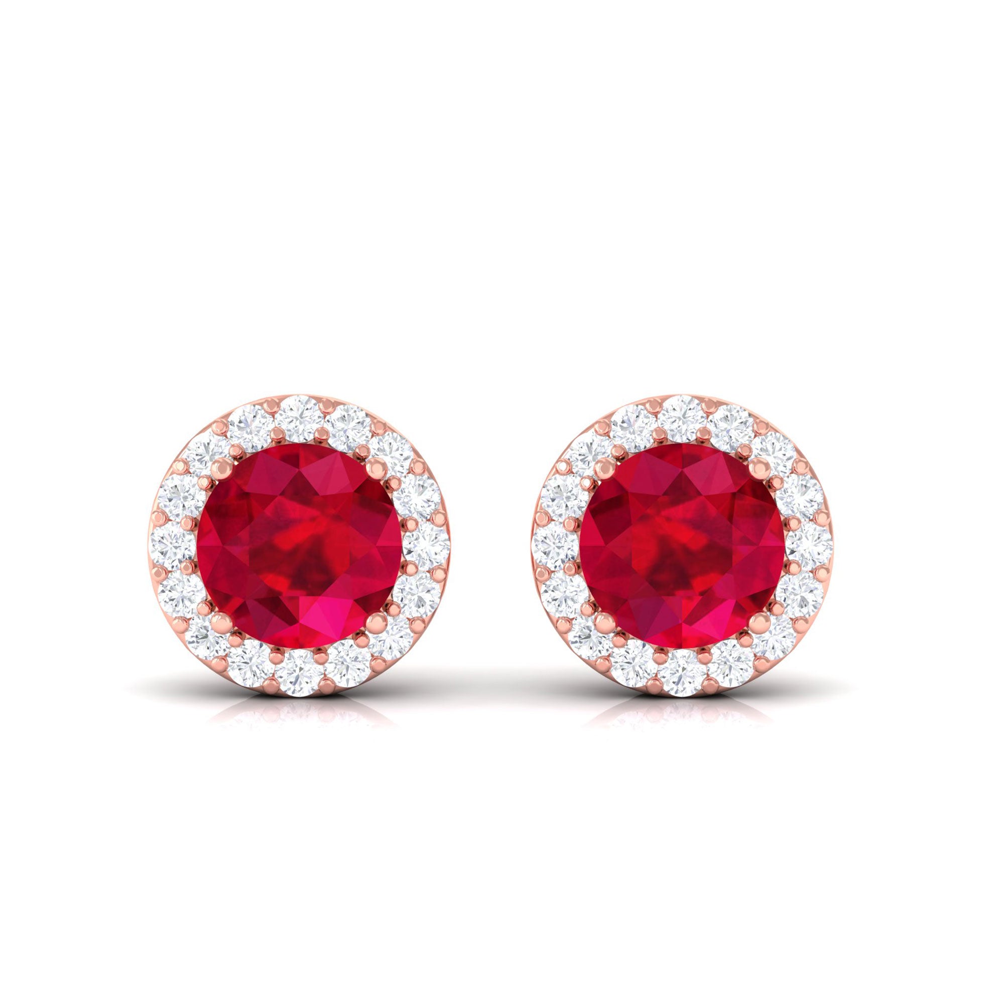 Vibrant Grown Labs-Classic Round Lab Grown Ruby Stud Earrings with Halo