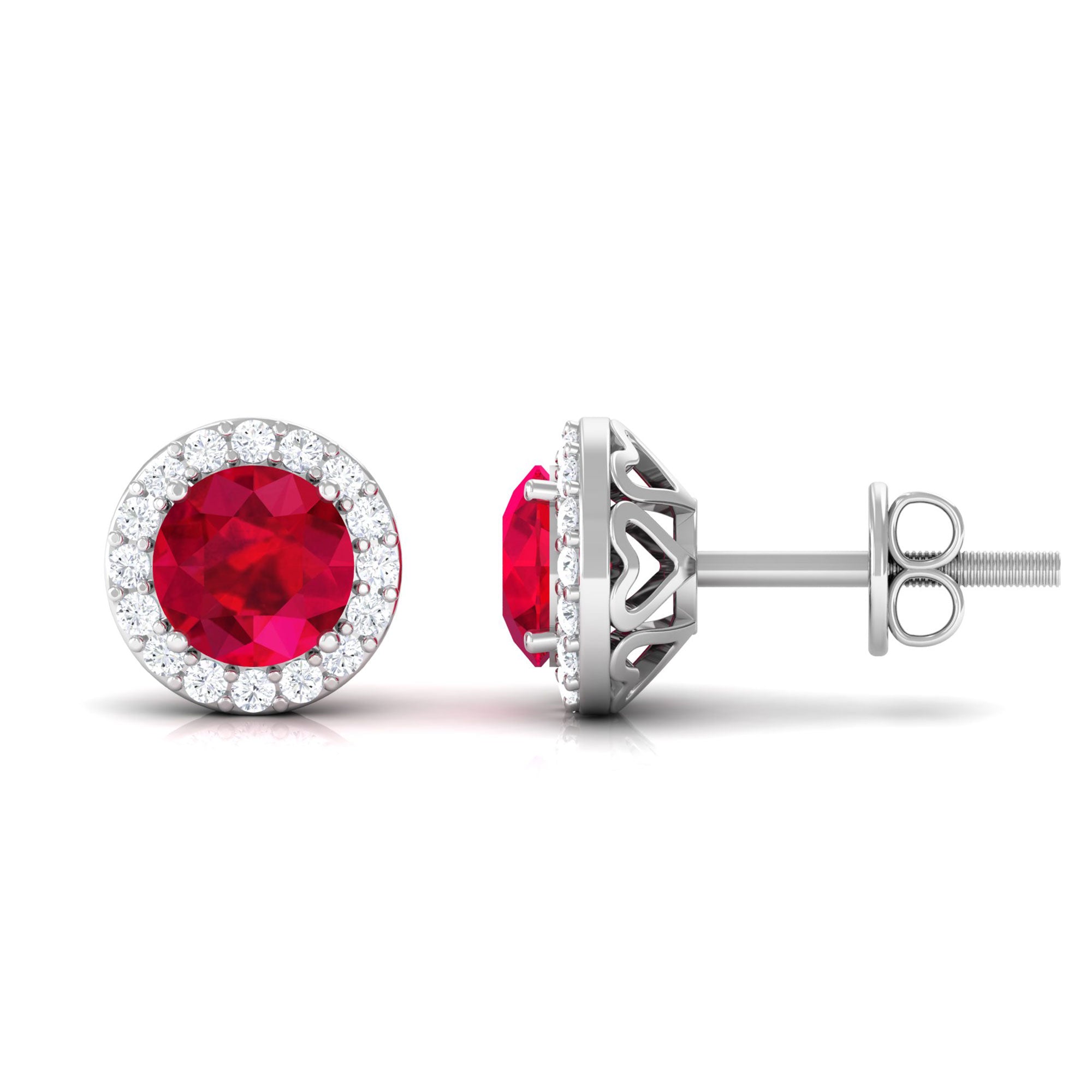 Vibrant Grown Labs-Classic Round Lab Grown Ruby Stud Earrings with Halo