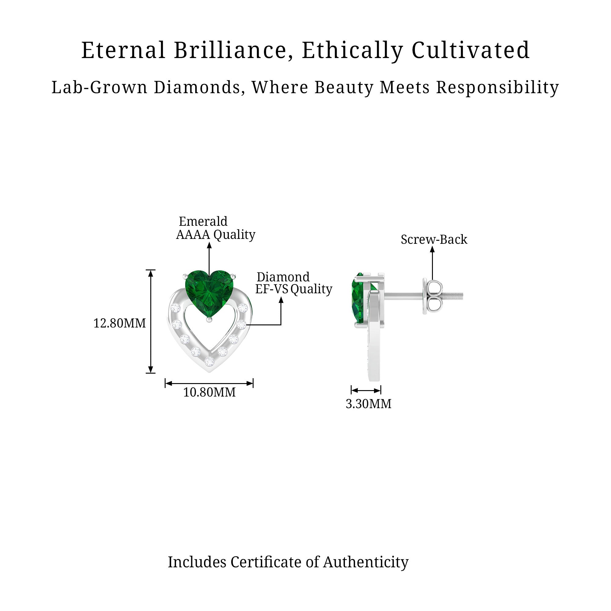 Vibrant Grown Labs-Heart Stud Earrings with Lab Grown Emerald