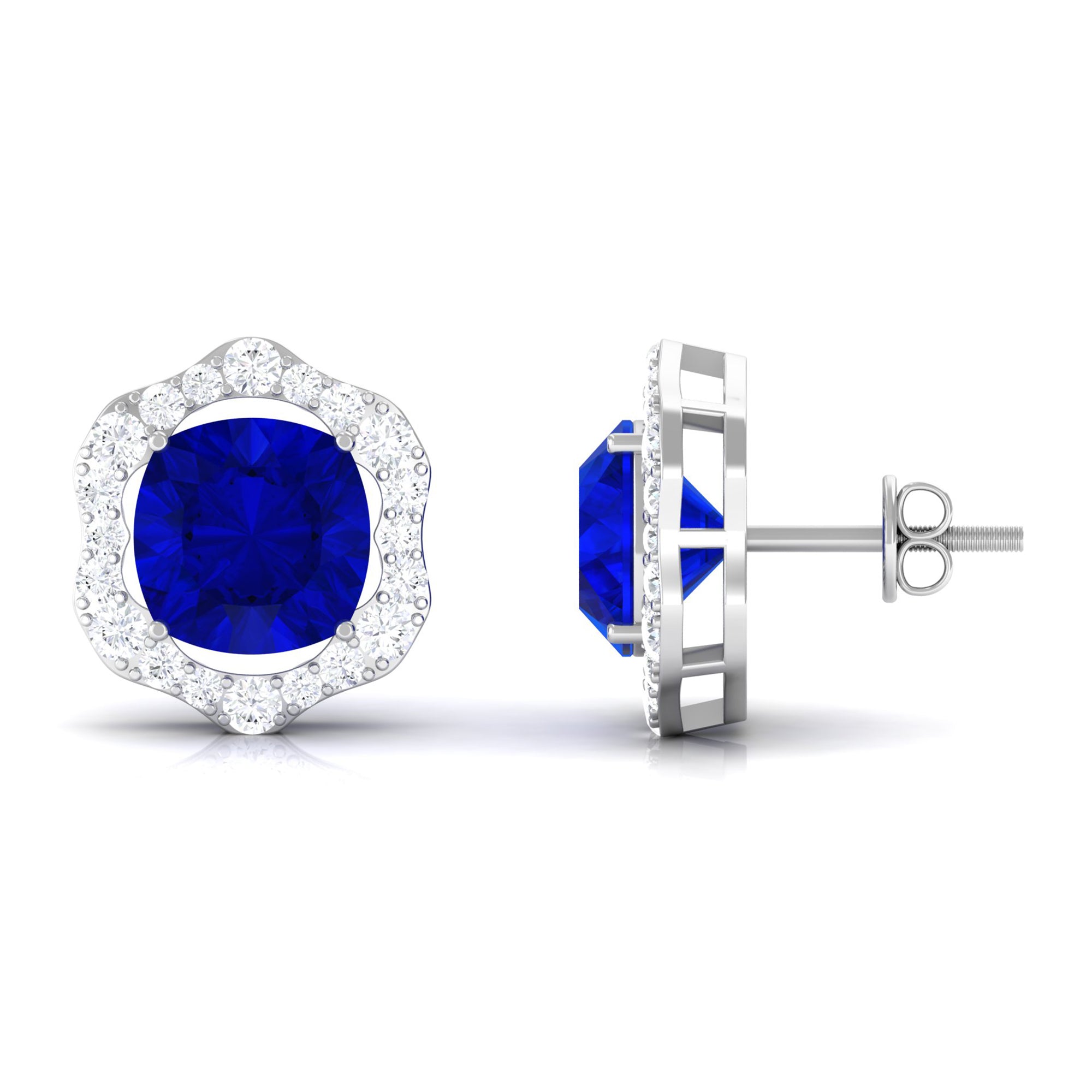 Vibrant Grown Labs-Classic Lab Grown Blue Sapphire Stud Earrings with Halo