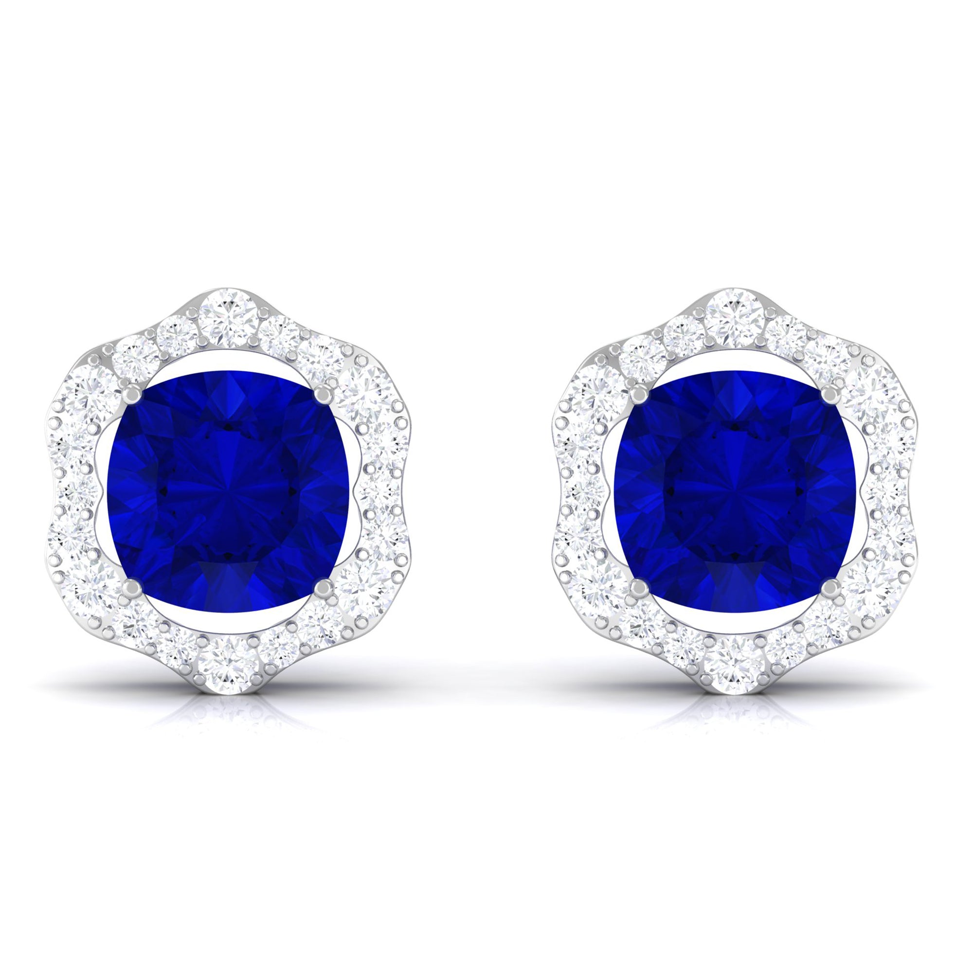 Vibrant Grown Labs-Classic Lab Grown Blue Sapphire Stud Earrings with Halo