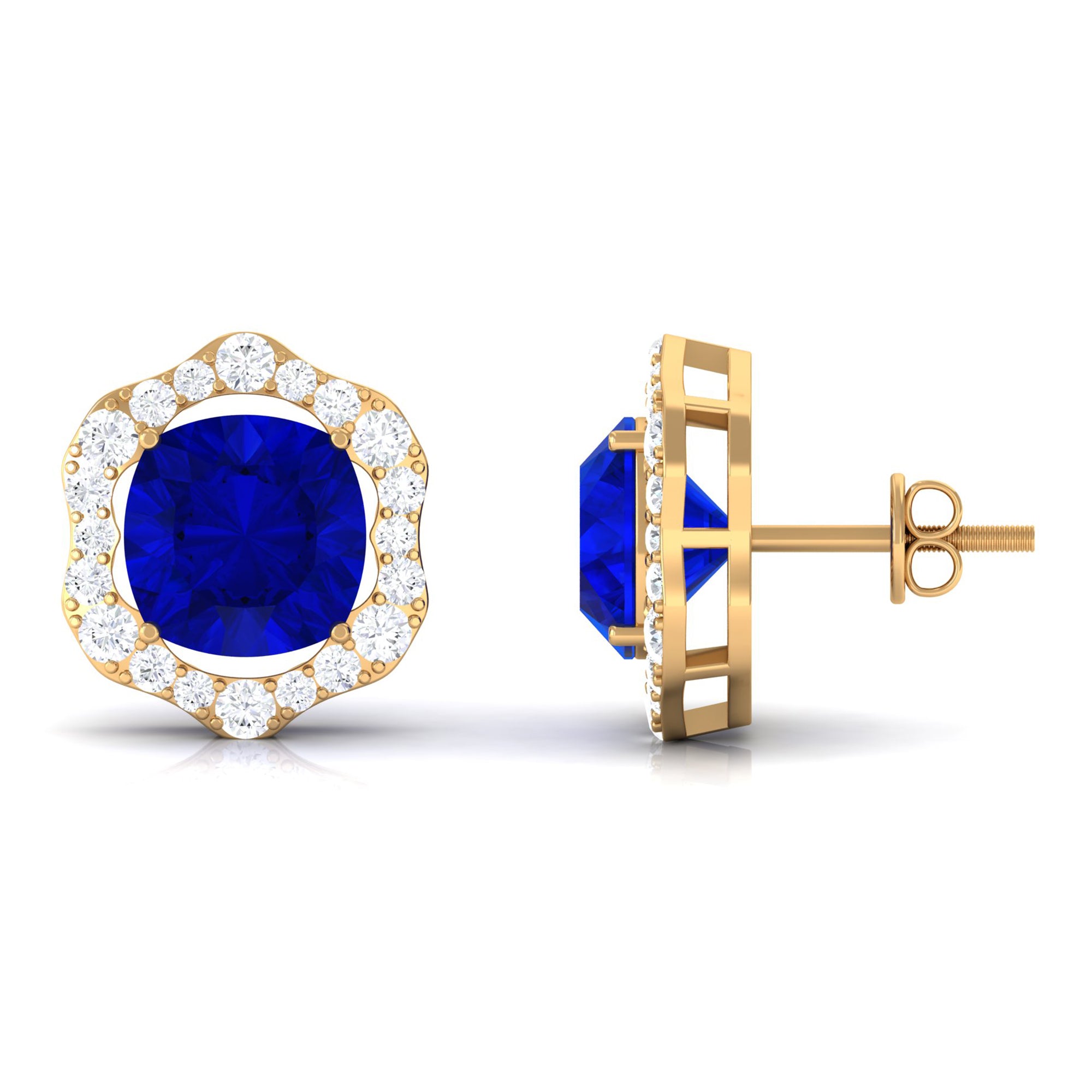 Vibrant Grown Labs-Classic Lab Grown Blue Sapphire Stud Earrings with Halo