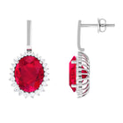 Vibrant Grown Labs-Oval Shape Lab Grown Ruby Drop Earrings with Halo