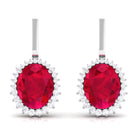 Vibrant Grown Labs-Oval Shape Lab Grown Ruby Drop Earrings with Halo