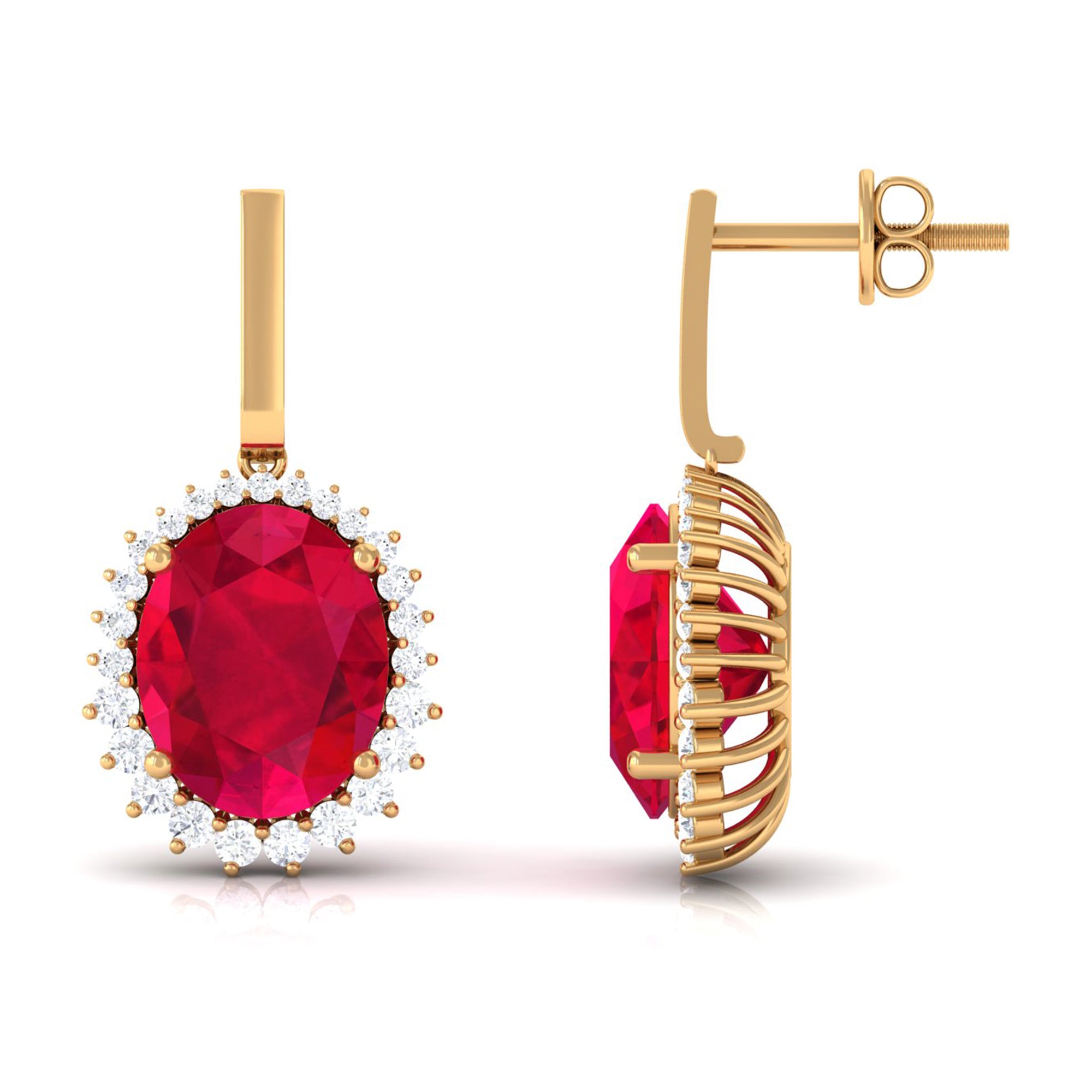 Vibrant Grown Labs-Oval Shape Lab Grown Ruby Drop Earrings with Halo