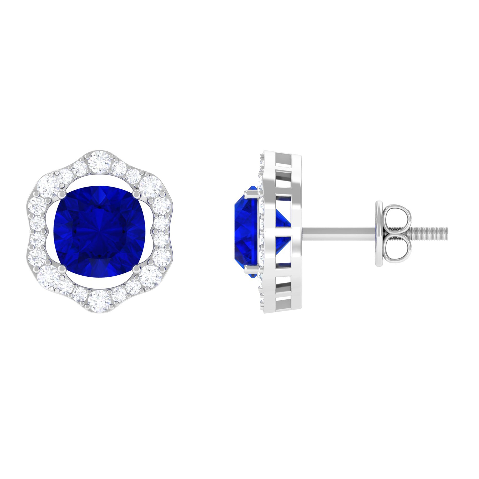 Vibrant Grown Labs-Classic Lab Grown Blue Sapphire Stud Earrings with Halo