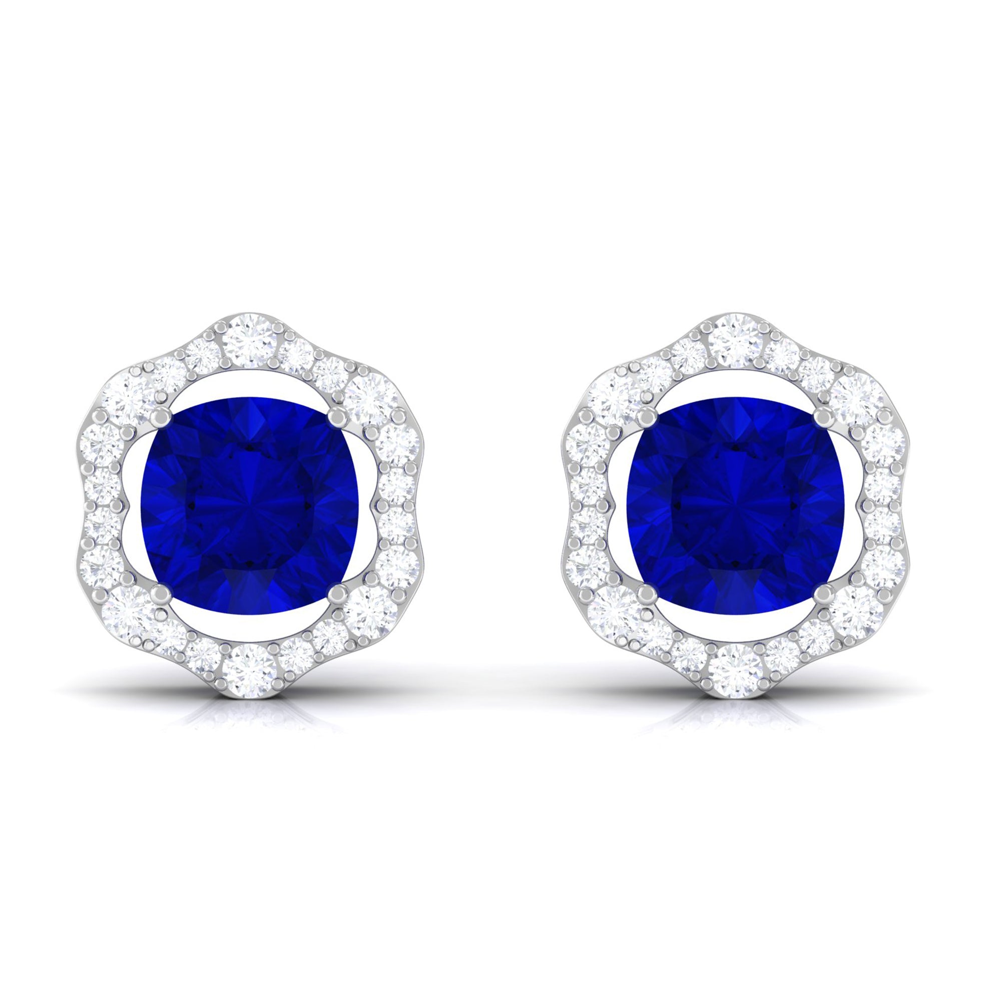 Vibrant Grown Labs-Classic Lab Grown Blue Sapphire Stud Earrings with Halo