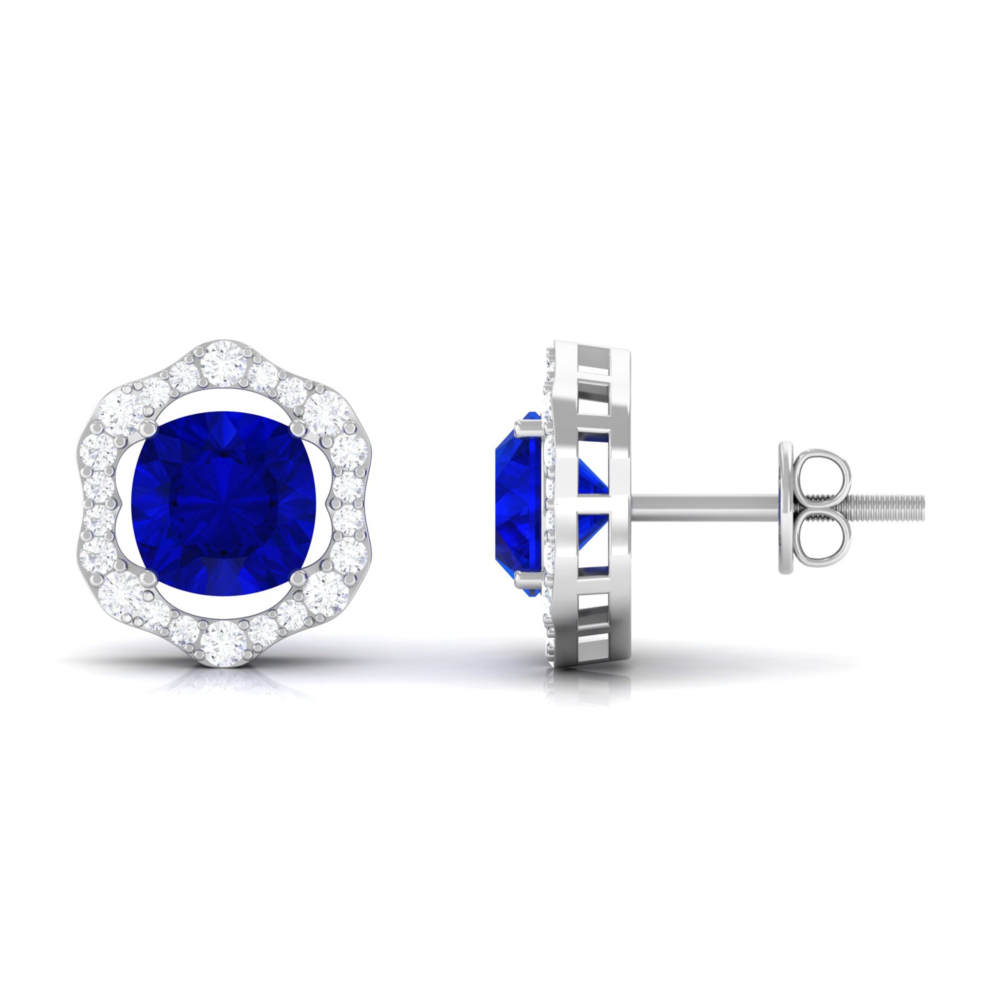 Vibrant Grown Labs-Classic Lab Grown Blue Sapphire Stud Earrings with Halo