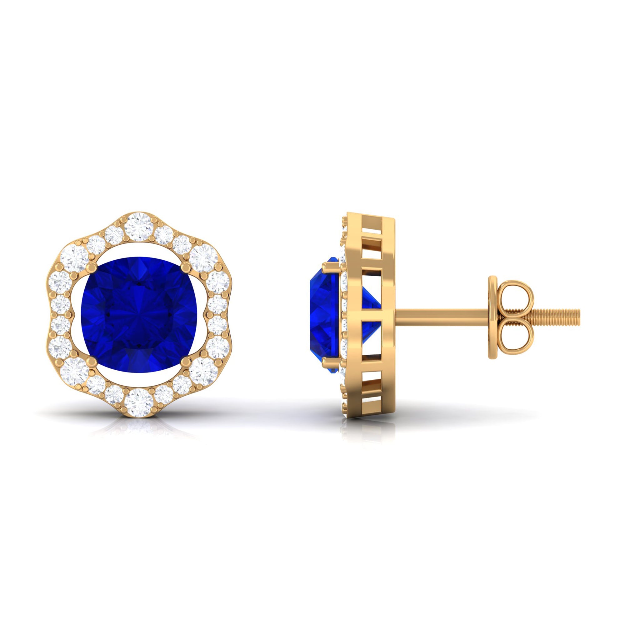 Vibrant Grown Labs-Classic Lab Grown Blue Sapphire Stud Earrings with Halo