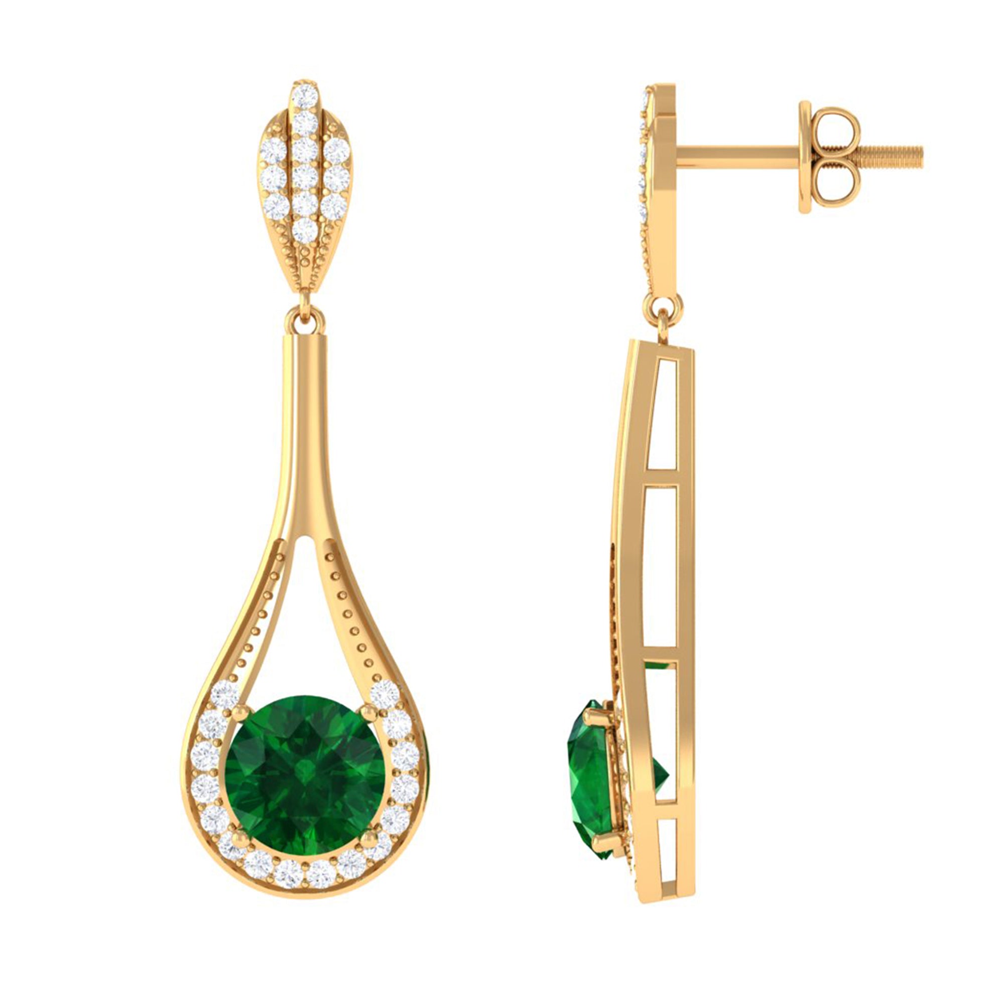 Vibrant Grown Labs-Round Lab Grown Emerald Drop Earrings