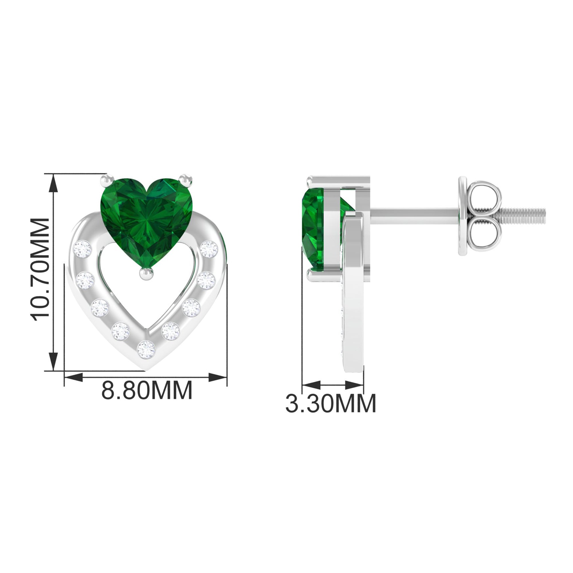 Vibrant Grown Labs-Heart Stud Earrings with Lab Grown Emerald