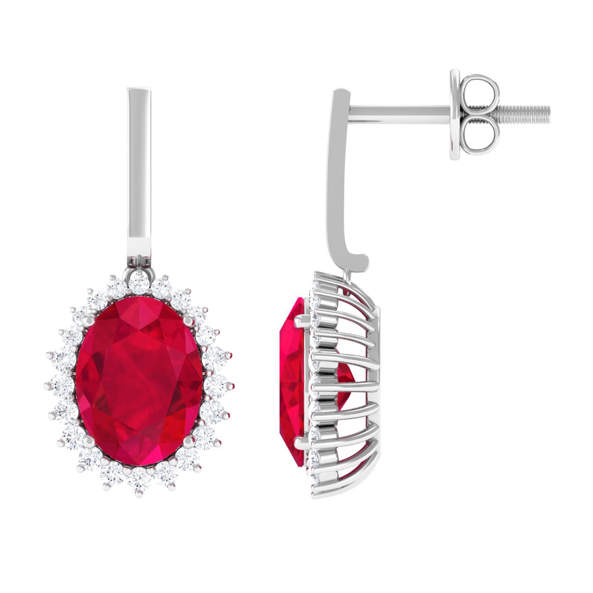 Vibrant Grown Labs-Oval Shape Lab Grown Ruby Drop Earrings with Halo