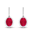 Vibrant Grown Labs-Oval Shape Lab Grown Ruby Drop Earrings with Halo