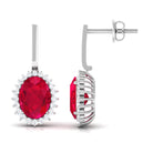 Vibrant Grown Labs-Oval Shape Lab Grown Ruby Drop Earrings with Halo