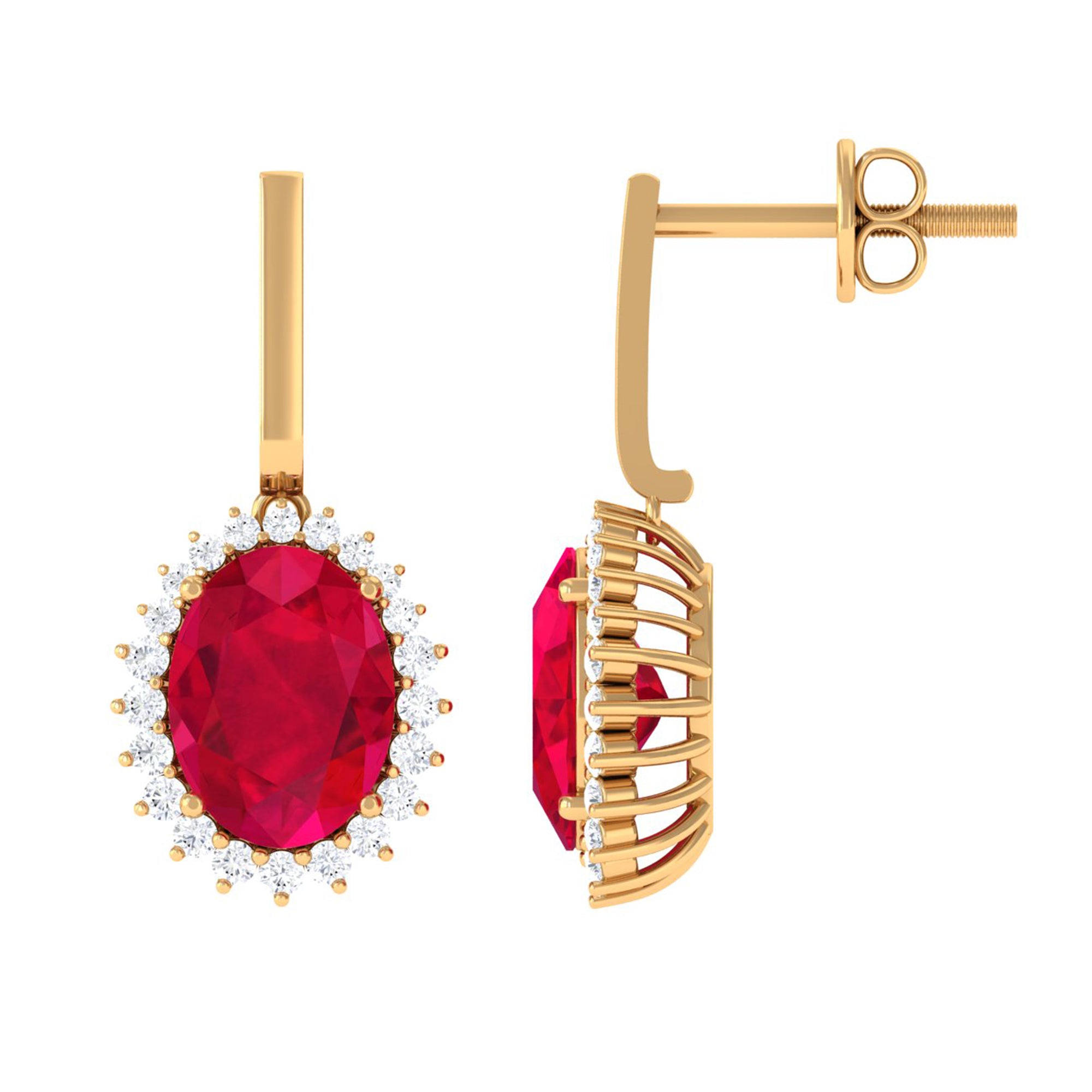 Vibrant Grown Labs-Oval Shape Lab Grown Ruby Drop Earrings with Halo