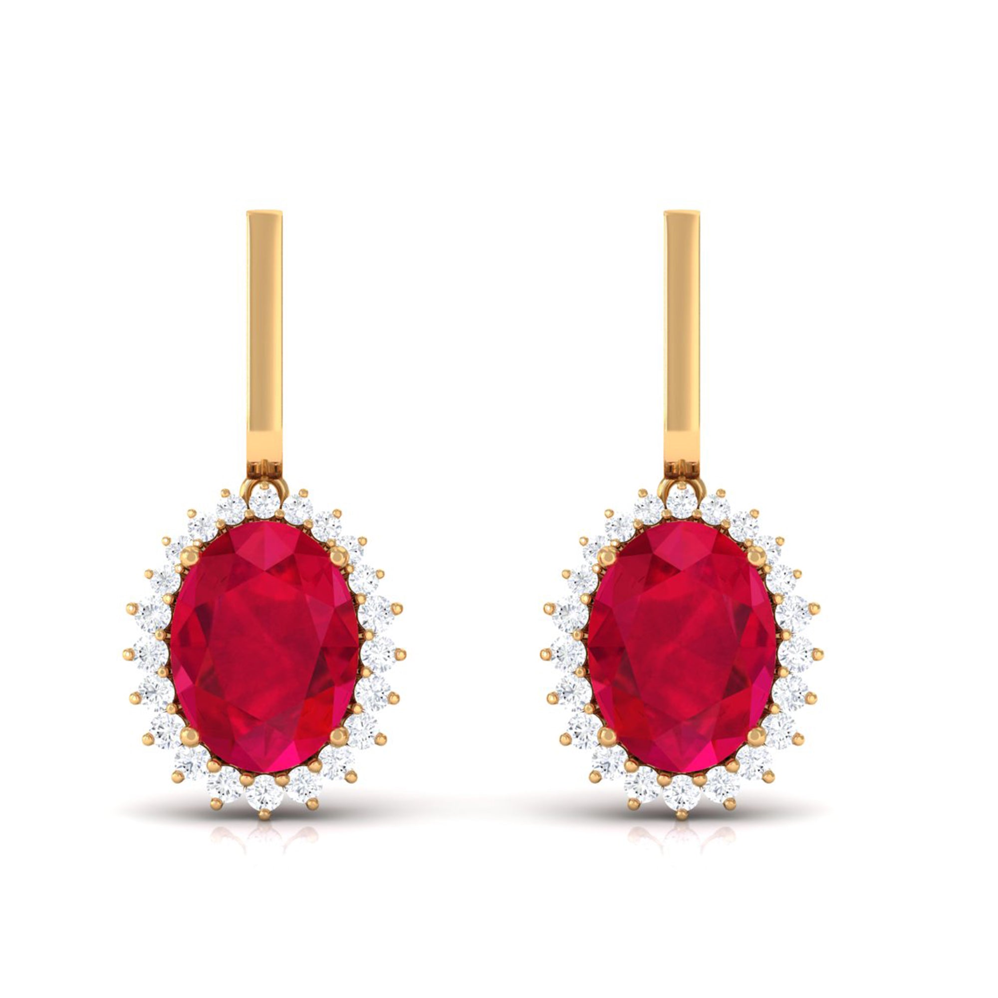 Vibrant Grown Labs-Oval Shape Lab Grown Ruby Drop Earrings with Halo