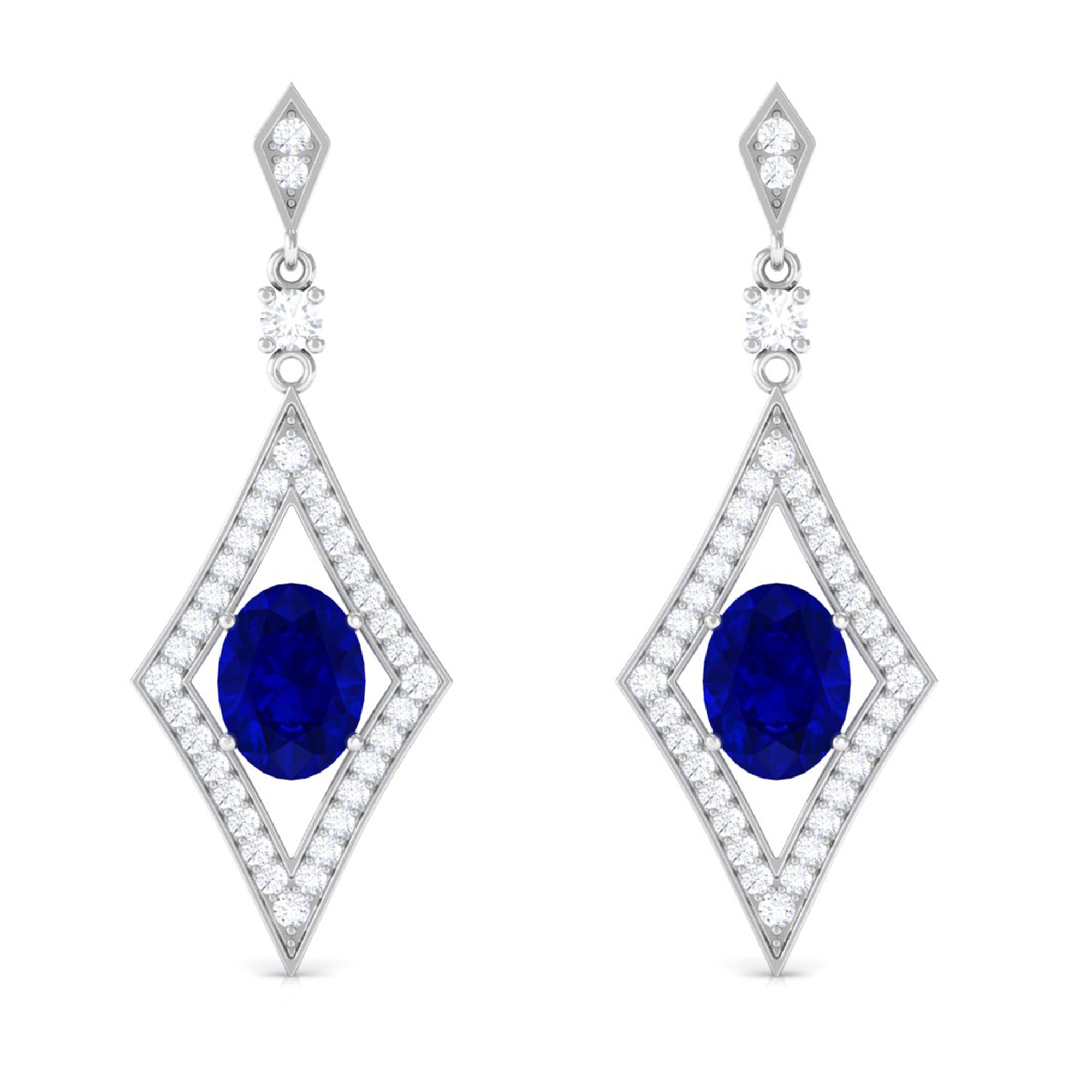 Vibrant Grown Labs-Art Deco Dangle Earrings with Lab Grown Blue Sapphire