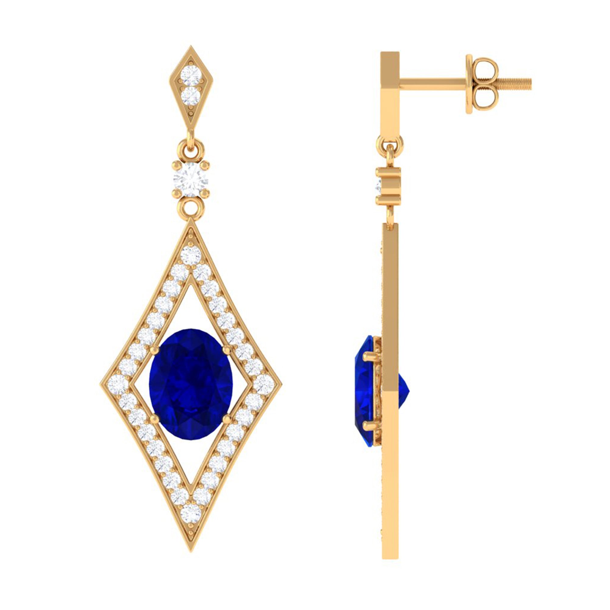 Vibrant Grown Labs-Art Deco Dangle Earrings with Lab Grown Blue Sapphire