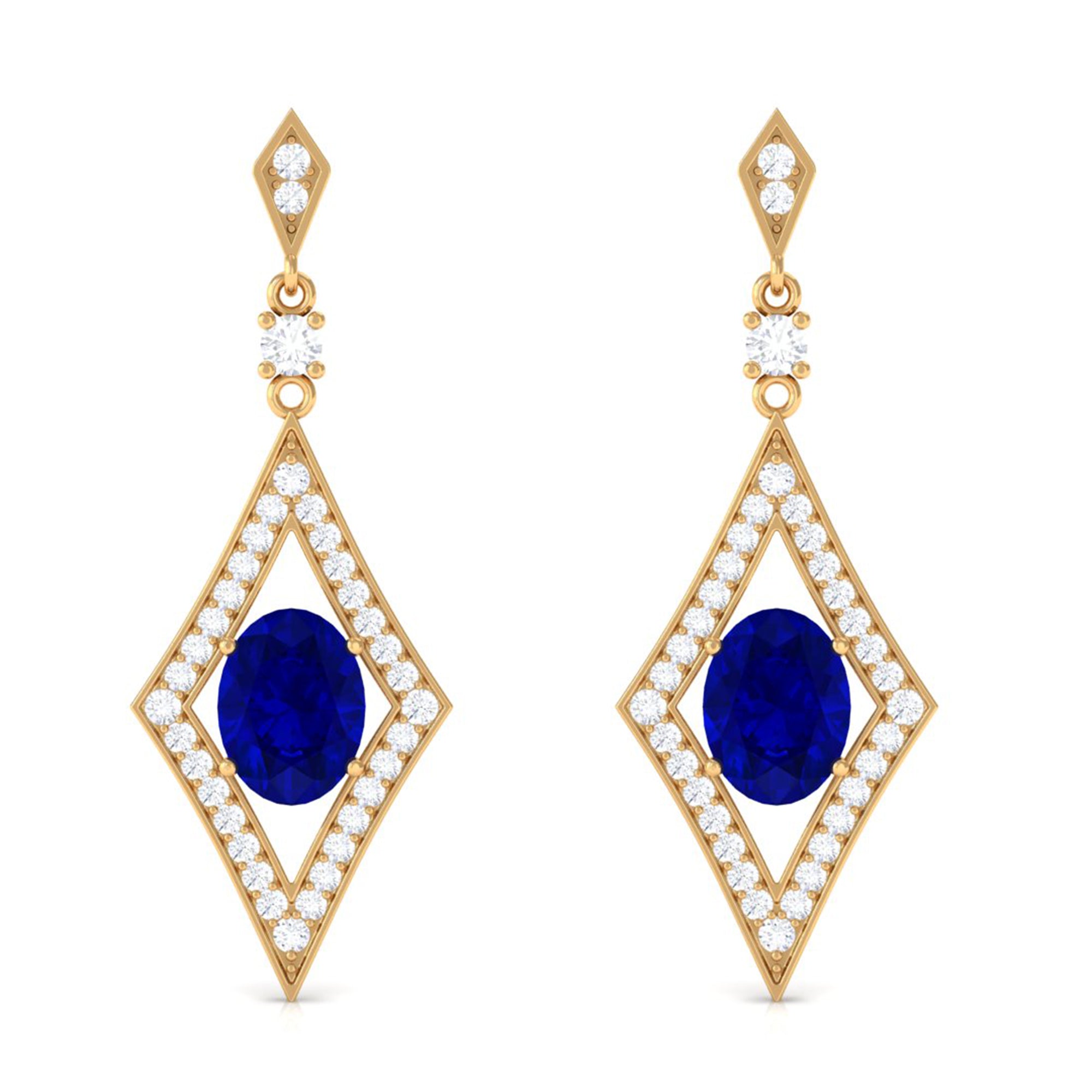 Vibrant Grown Labs-Art Deco Dangle Earrings with Lab Grown Blue Sapphire