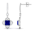 Vibrant Grown Labs-Lab Grown Blue Sapphire Floral Inspired Drop Earrings with Diamond