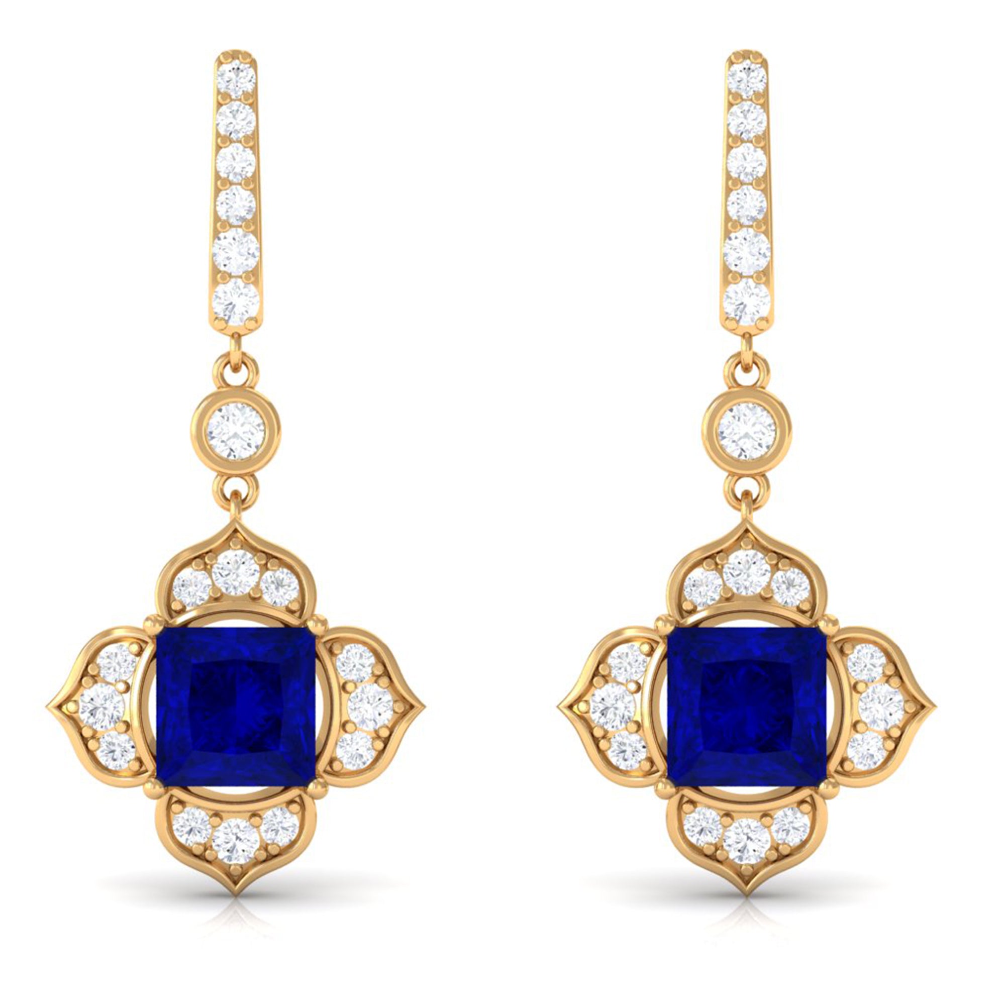 Vibrant Grown Labs-Lab Grown Blue Sapphire Floral Inspired Drop Earrings with Diamond