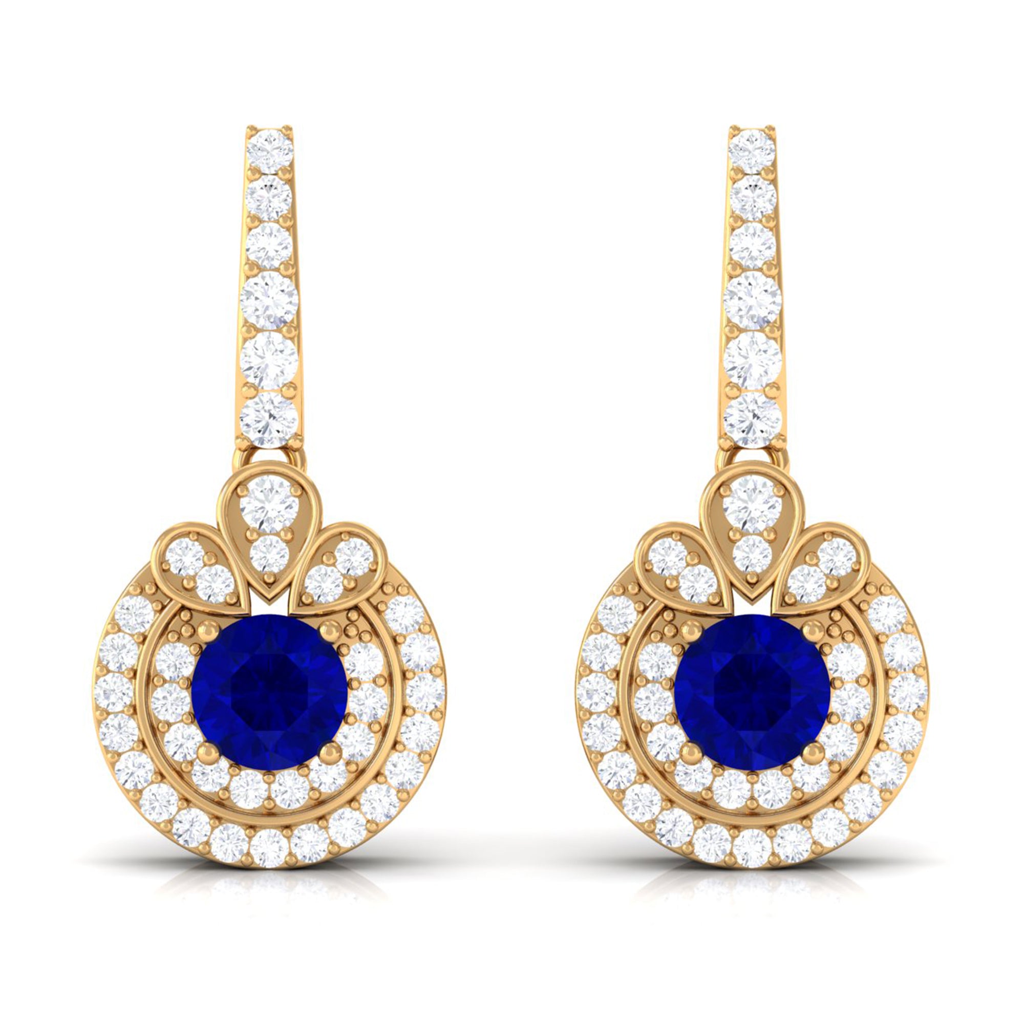 Vibrant Grown Labs-Classic Lab Grown Blue Sapphire Drop Earrings with Halo