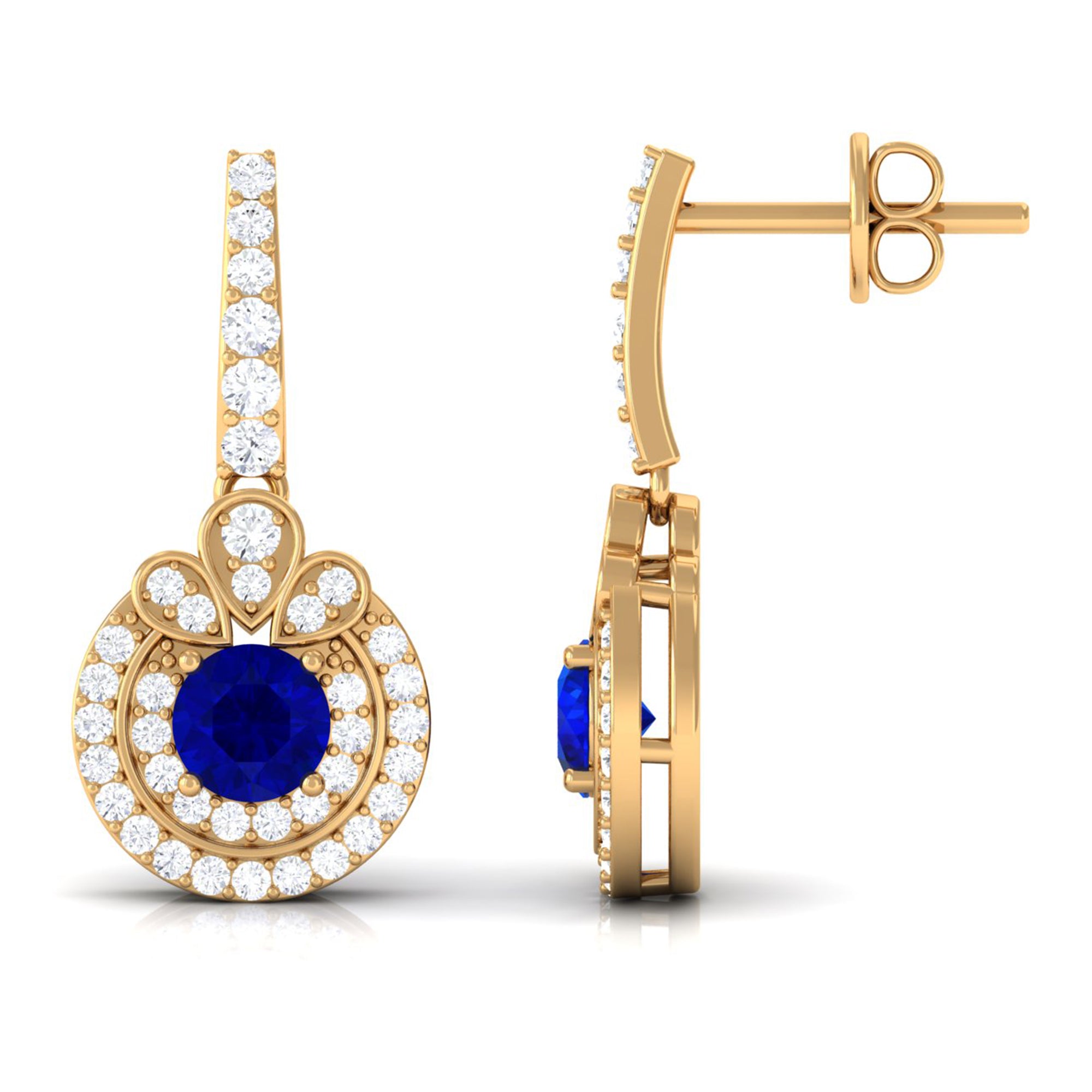 Vibrant Grown Labs-Classic Lab Grown Blue Sapphire Drop Earrings with Halo