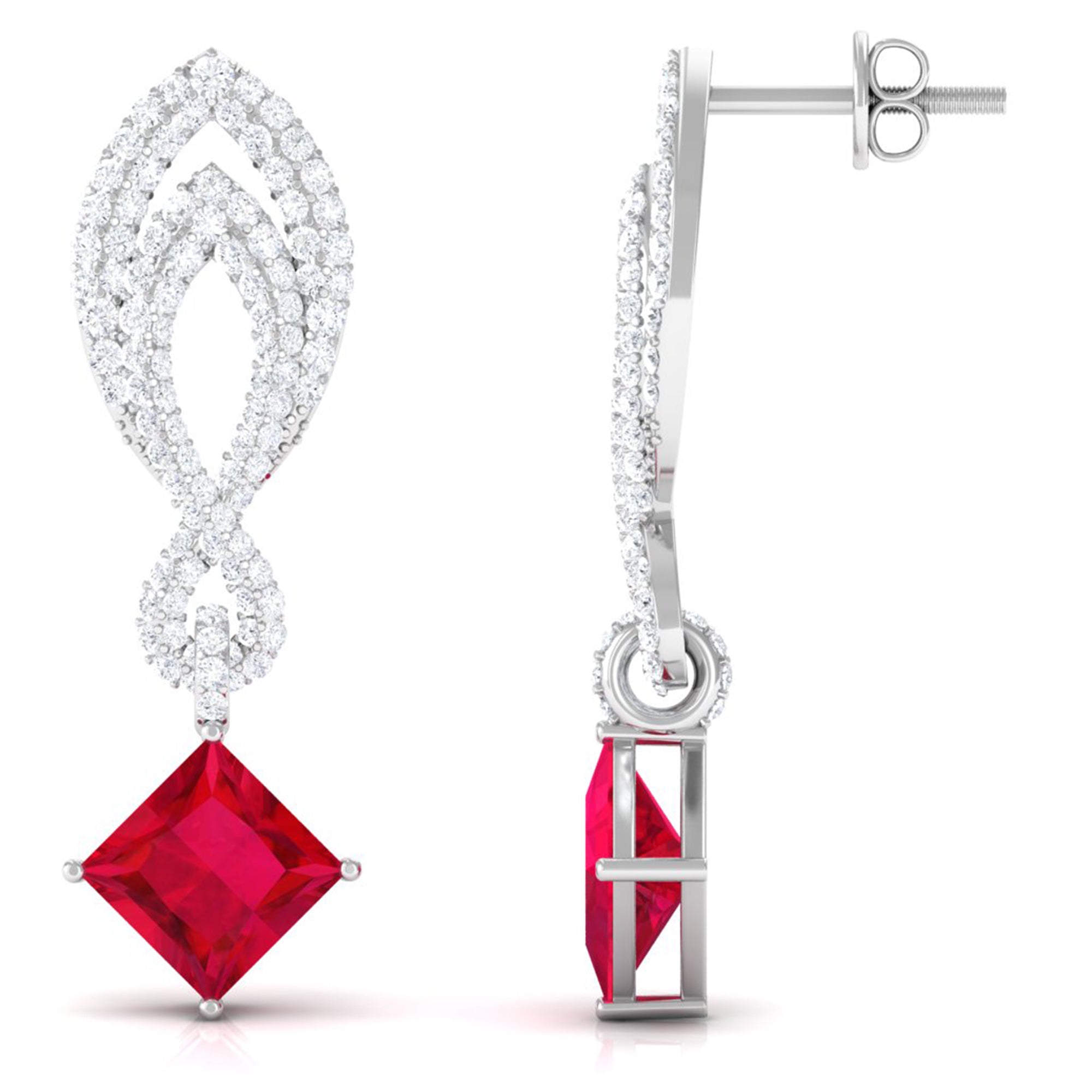 Minimal Lab Created Ruby Drop Earrings with Diamond Lab Created Ruby - ( AAAA ) - Quality - Vibrant Grown Labs