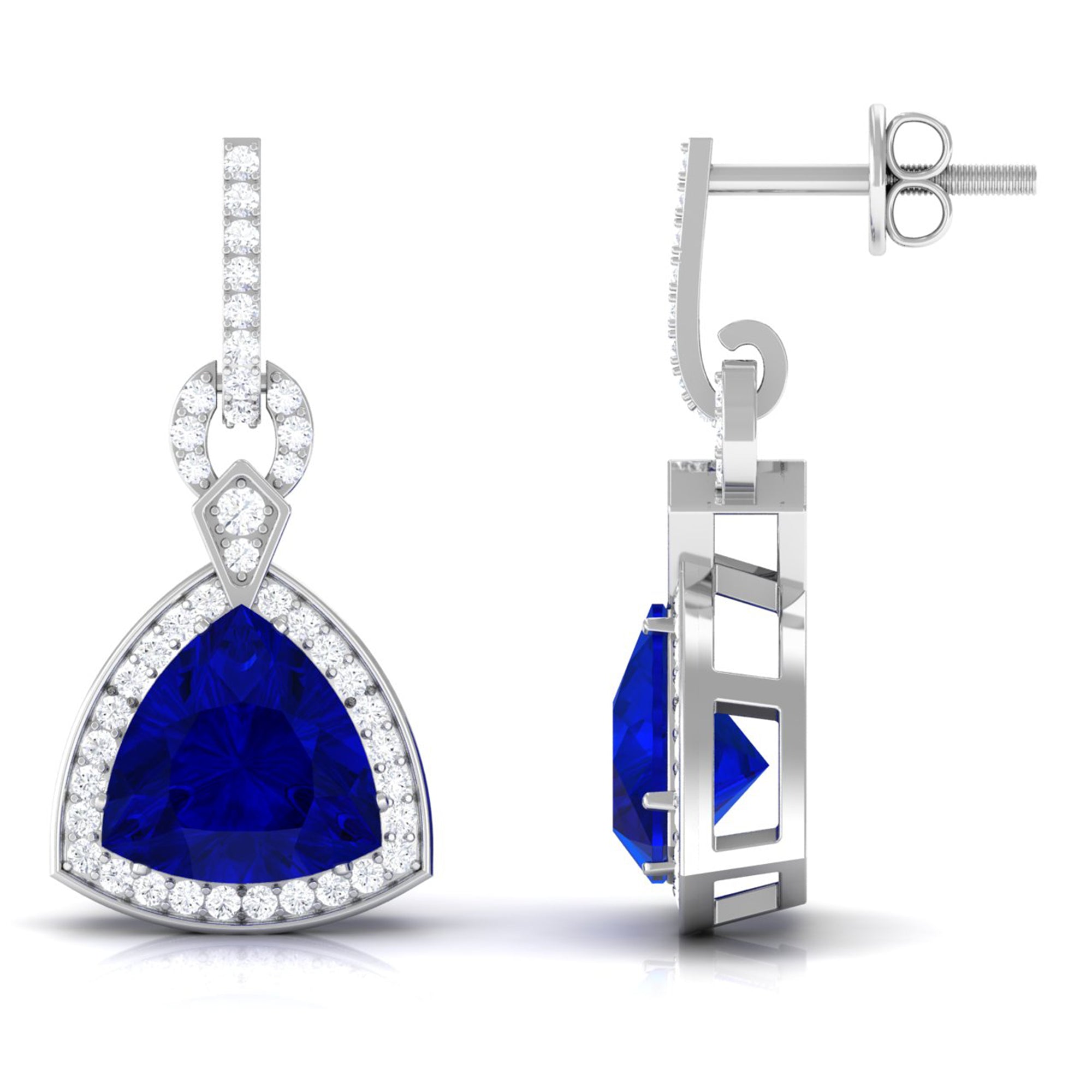 Art Deco Lab Created Blue Sapphire Drop Earrings with Diamond Lab Created Blue Sapphire - ( AAAA ) - Quality - Vibrant Grown Labs