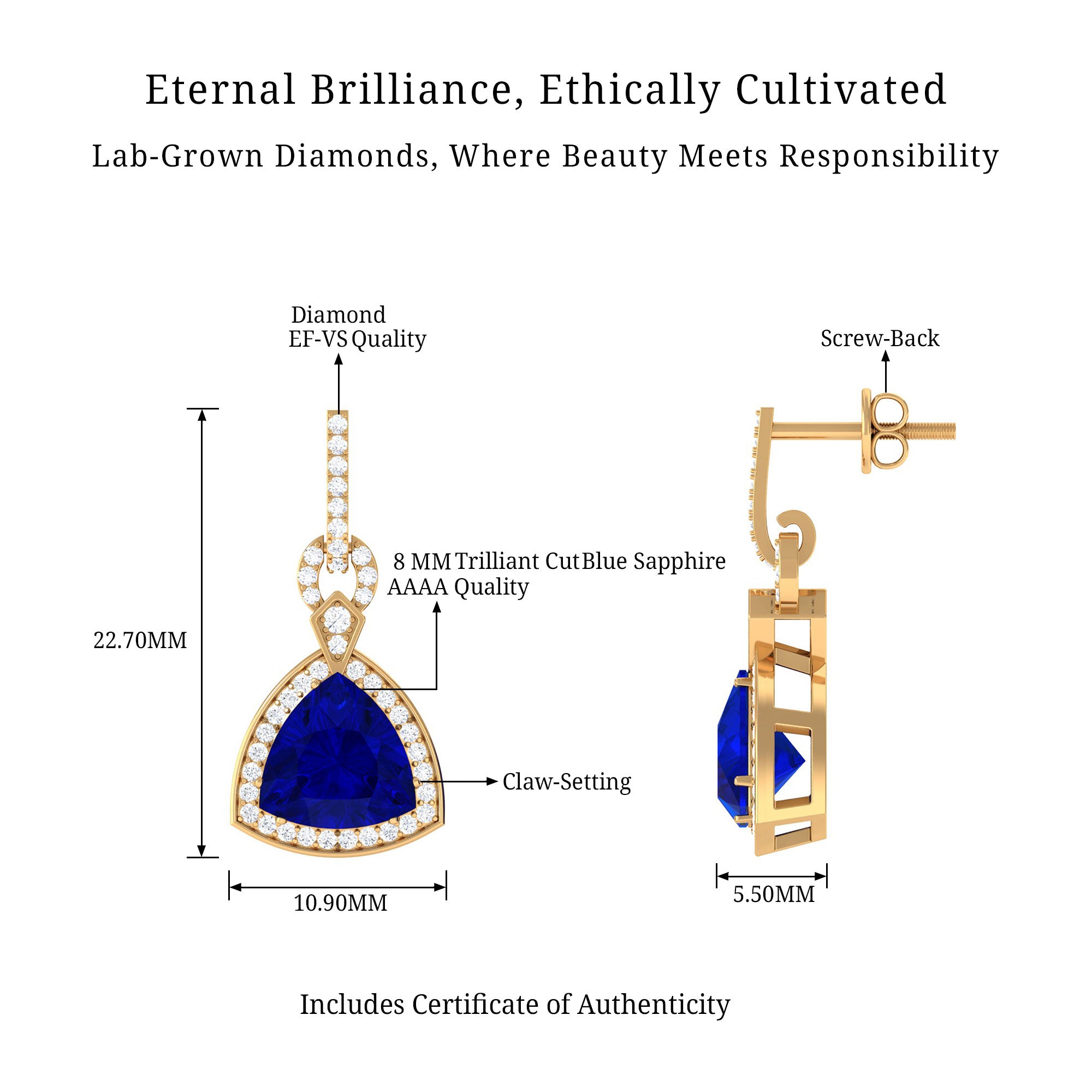 Vibrant Grown Labs-Art Deco Lab Created Blue Sapphire Drop Earrings with Diamond