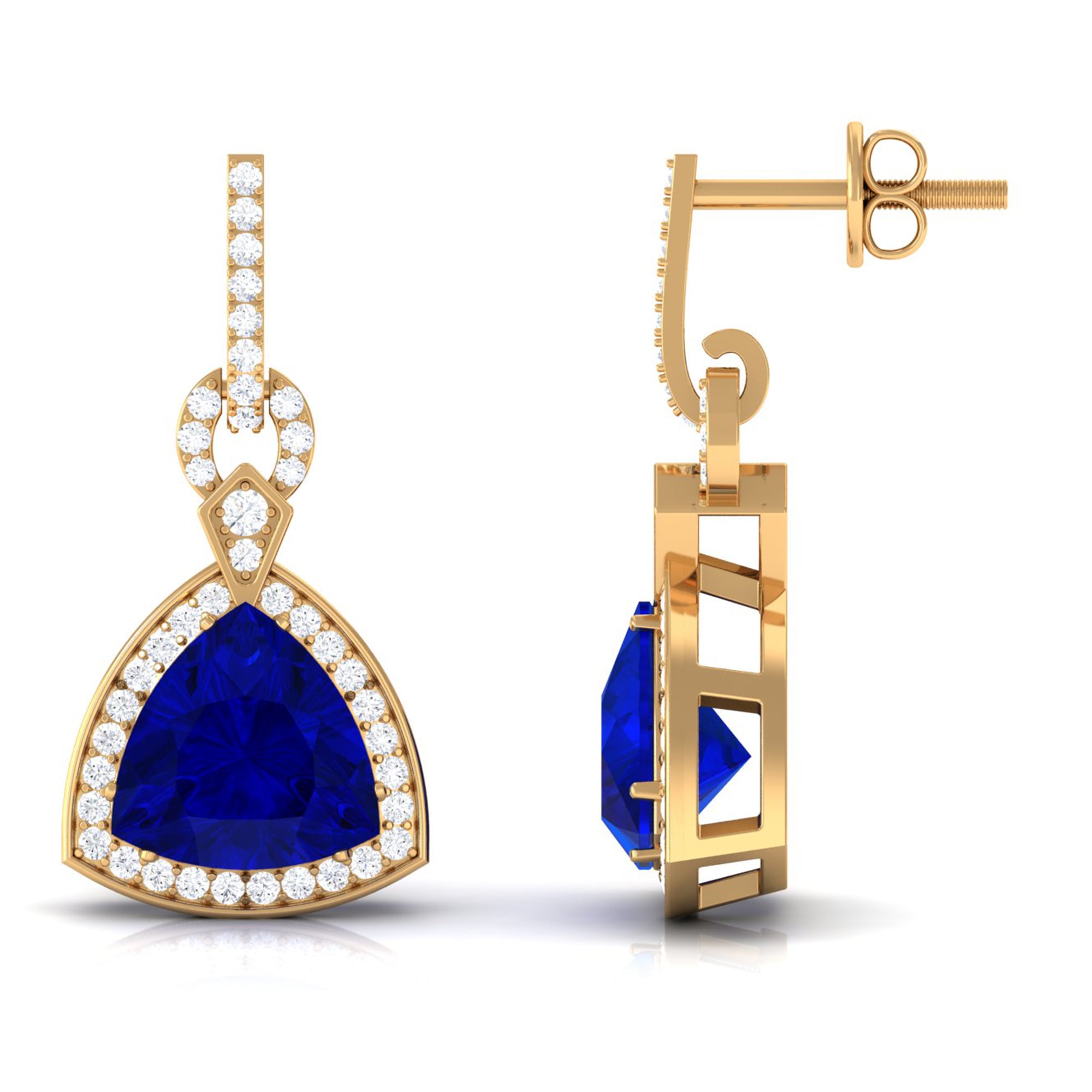 Art Deco Lab Created Blue Sapphire Drop Earrings with Diamond Lab Created Blue Sapphire - ( AAAA ) - Quality - Vibrant Grown Labs