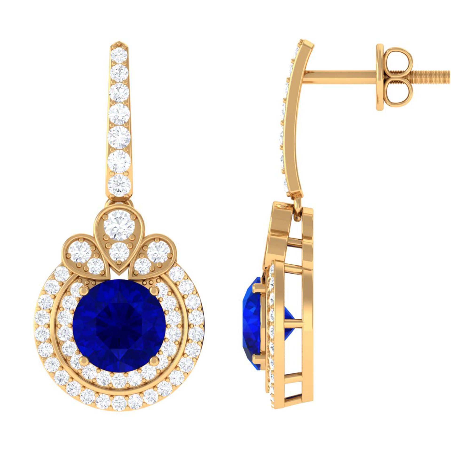 Vibrant Grown Labs-Classic Lab Grown Blue Sapphire Drop Earrings with Halo