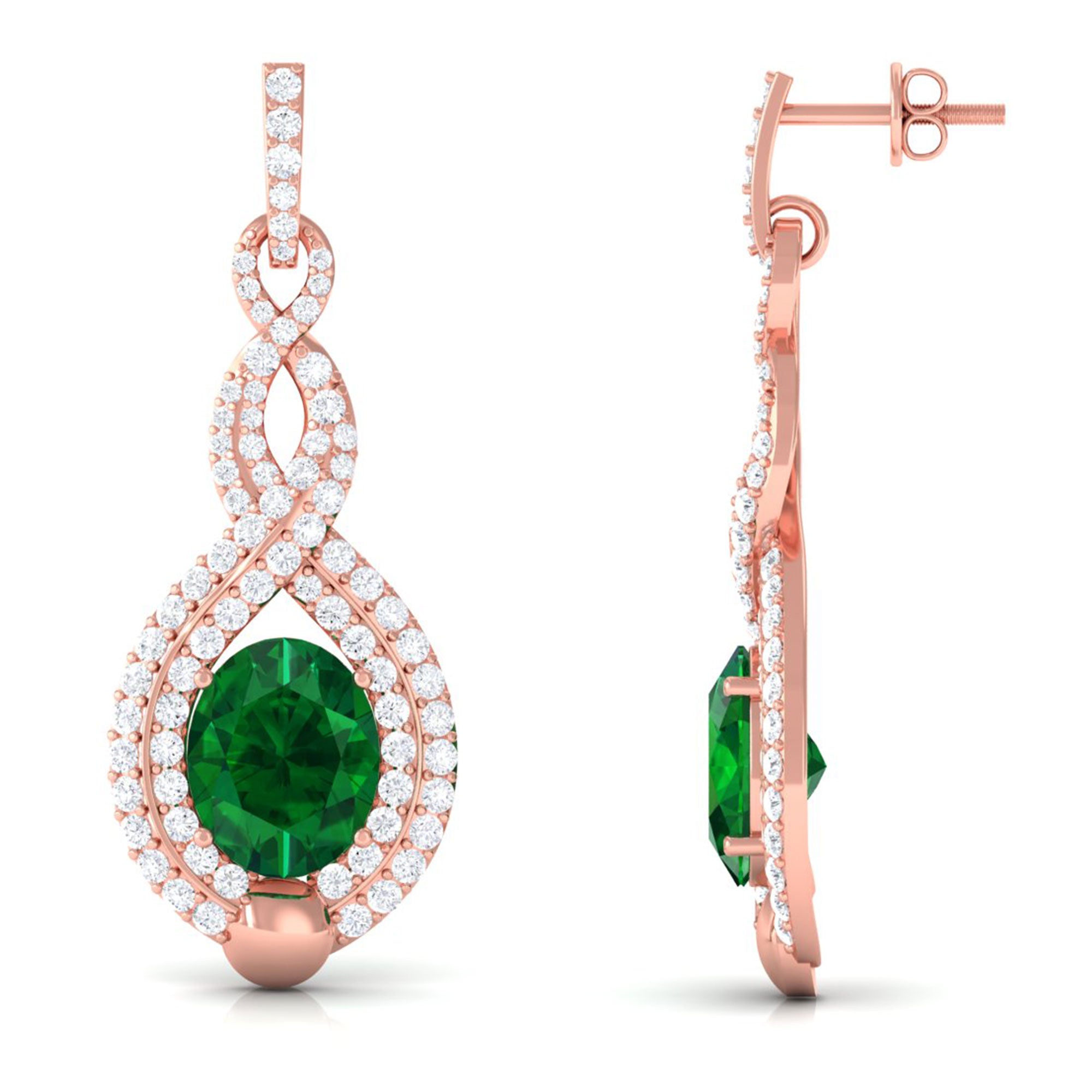 Vibrant Grown Labs-Oval Lab Created Emerald Infinity Drop Earrings with Diamond Accent