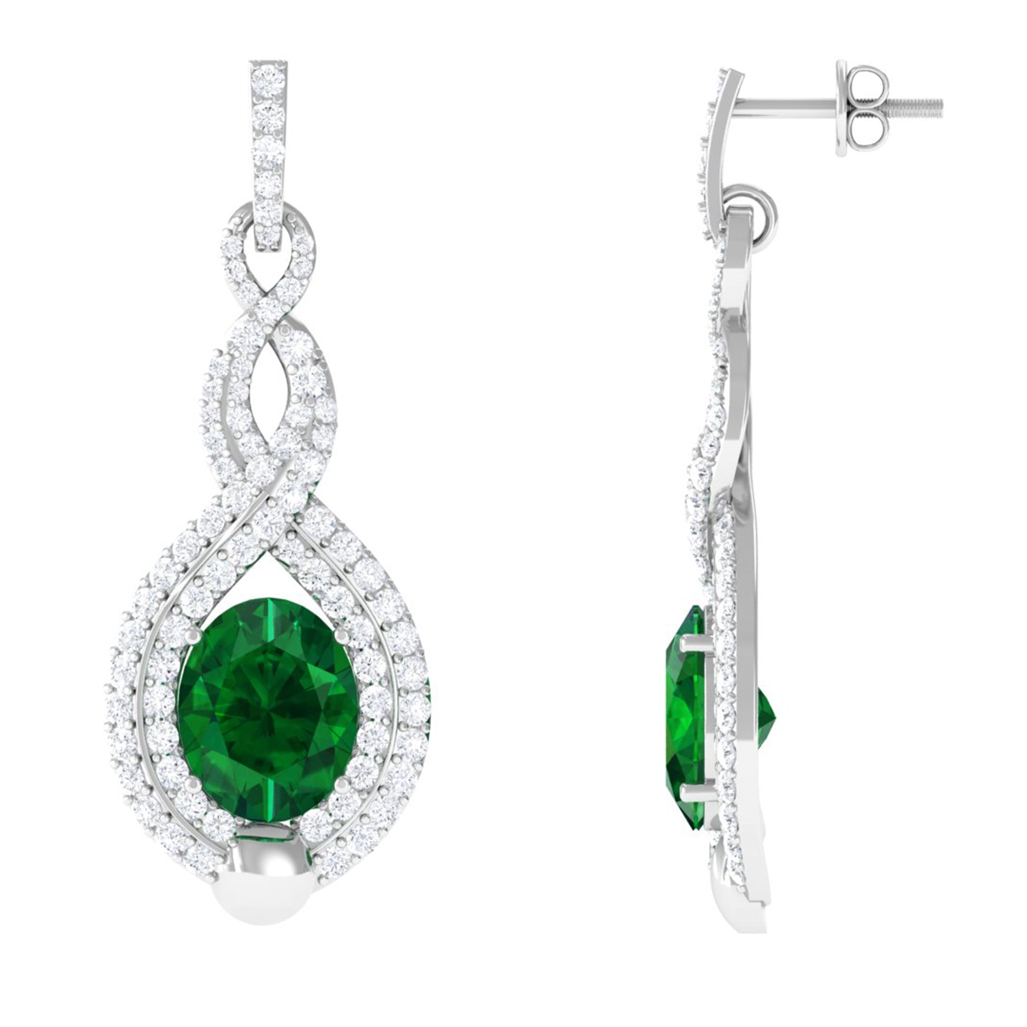 Vibrant Grown Labs-Oval Lab Created Emerald Infinity Drop Earrings with Diamond Accent